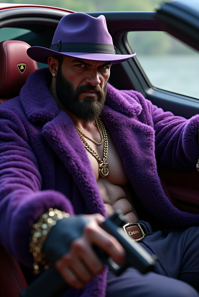 a white handsome man in an exotic outfit, chapeu toxo com uma faixa de pele de tigre, a purple blazer with a collar and cuffs made of imitation leopard skin . He wears an eye patch and gold chains around his neck. Ele usa uma bengala nas maos e esta numa rua escura a noite com muitas mulheres ao fundo