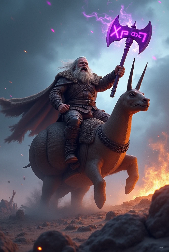 mature man, 50 years old, seated astride unicorn standing on end, short gray beard, drunk and cheerful expression of slightly wrinkled face, short hair with bald head, muscular but fat hairy body, barrel-shaped hairy chest, small protruding nipples, big bearish strong belly, strong hairy arms and legs, wearing only a bandage on hips and cloak billowing in wind, hand raised, extremely detailed face and body, highly detailed unicorn, fantasy magical landscape, glowing magical aura, colorful vibrant colors, dramatic lighting, cinematic composition,(best quality,4k,8k,highres,masterpiece:1.2),ultra-detailed,(realistic,photorealistic,photo-realistic:1.37)