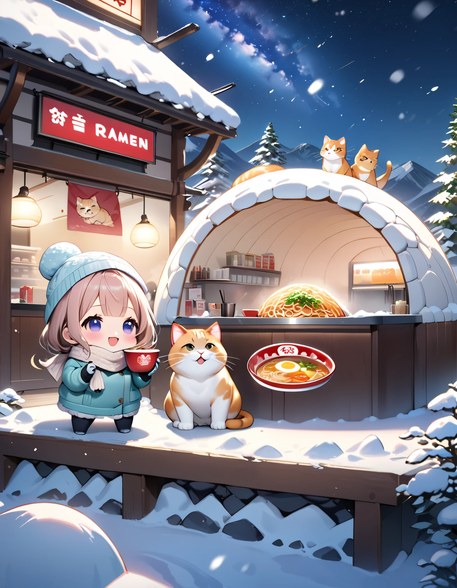 (masterpiece), ultra-detailed, best quality, clear focus, dramatic scene, (cinematic), shadow, ultra-high resolution, 8k, perfect anatomy, perfect face, detailed face, detailed eye, (chibi:1.3), cute Japanese chibi girl, famous Japanese chibi idol, very beautiful and cute and cool face, (wearing a cute pastel colored winter outdoor wear with warm pants), (woolen scarf and glove and knit cap:1.2), (large breasts), (She is holding a ramen by the simple table in front of the snow igloo shaped takeaway ramen shop:1.3), there is a table in front of the snow igloo, huge bowl of gorgeous ramen, (the cute giant fat cat is standing as a ramen master at the counter of the snow igloo:1.3), at the scenic mountain village covered with snow at night, professional lighting, (the giant fat cat is mewing:1.32), (extremely detailed giant fat cats:1.3), she looks so happy, amazing view of the milky way with the snow mountains, leafless trees,