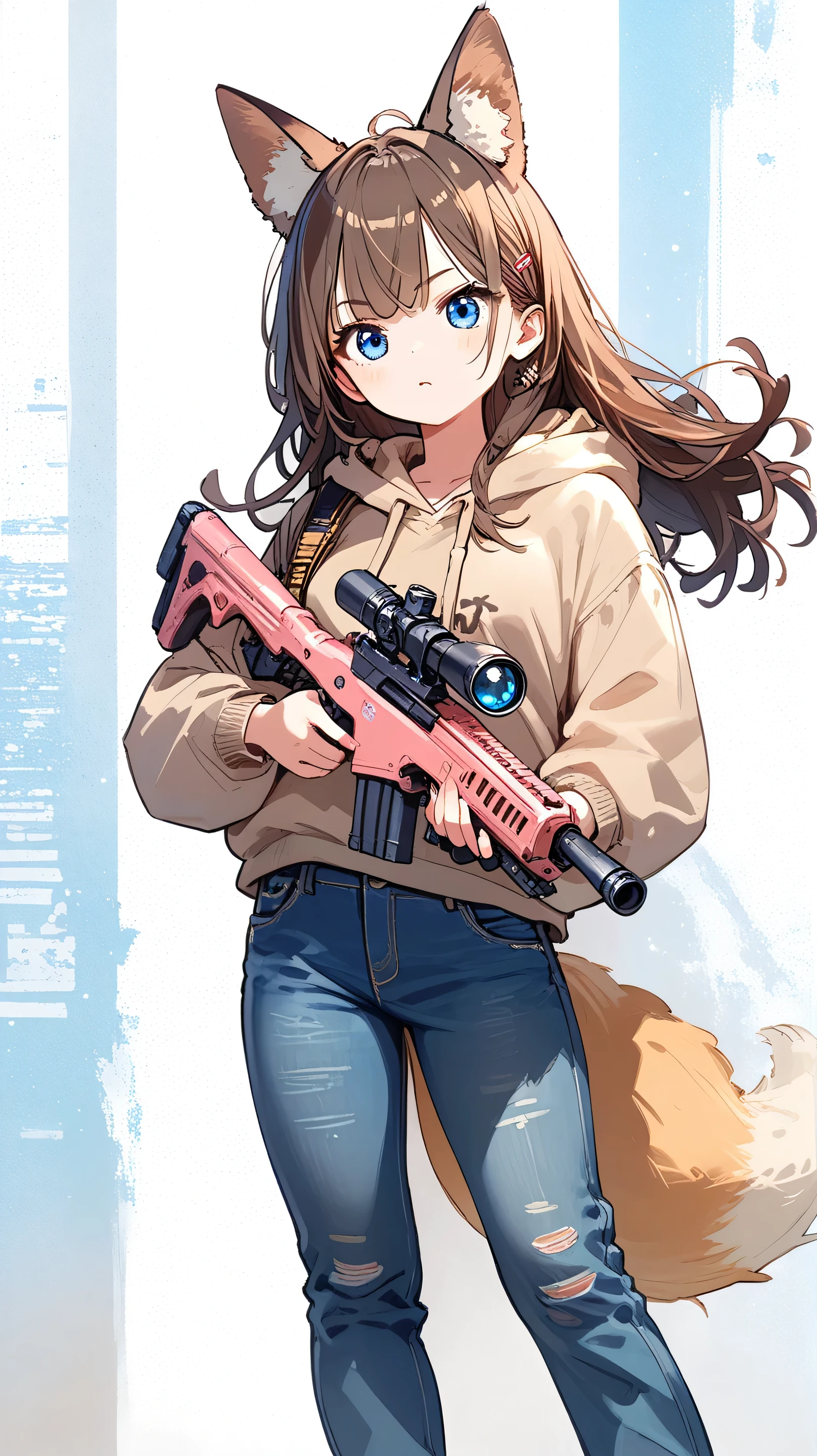 Female, long hair, blue eyes, brown hair, animal ears, fox ears, tail, anime ,holding a gun in both hands,beige hoodie and jeans