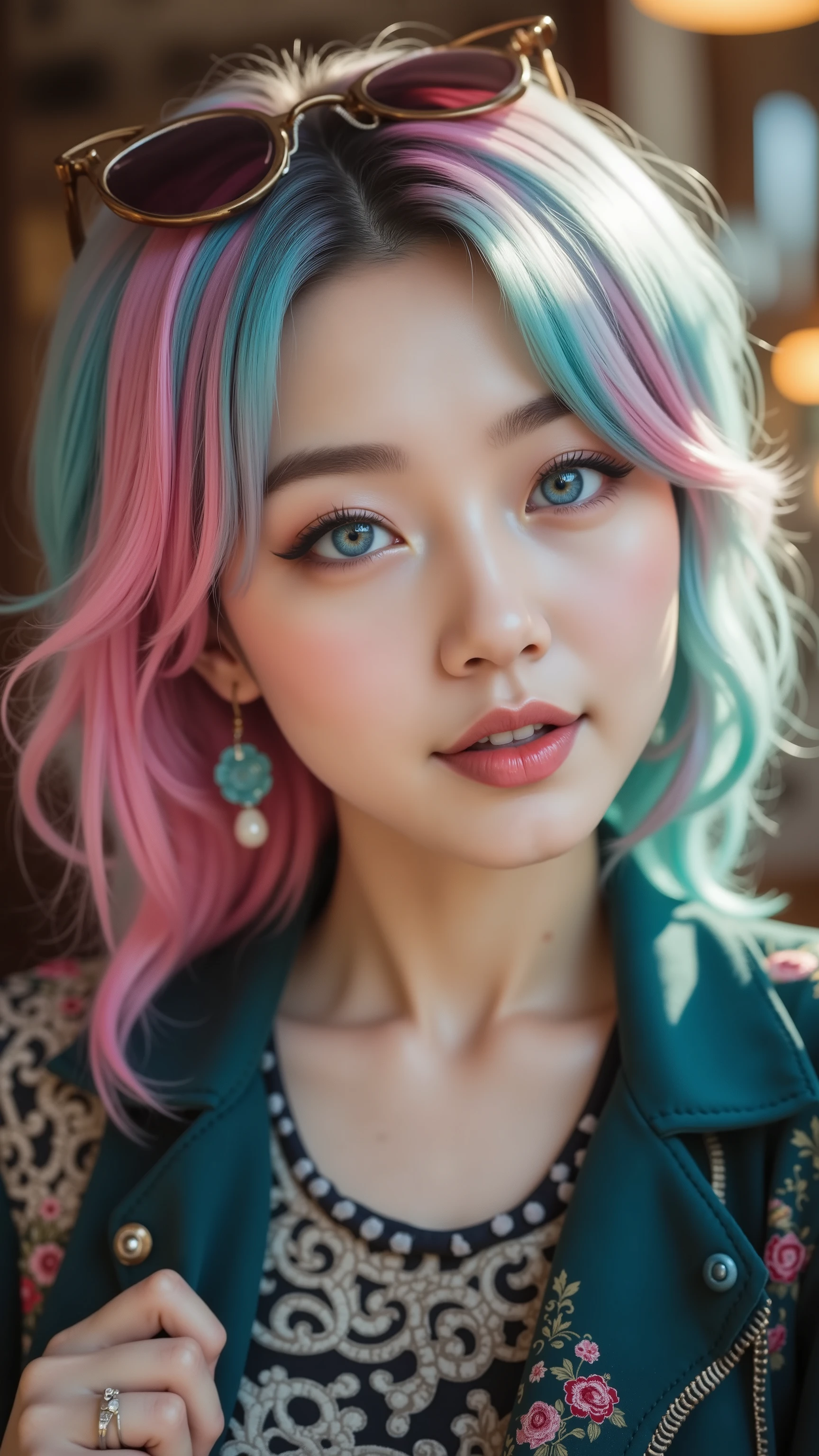 32k, Masterpiece, top quality,  ( Korea's Beautiful Woman)  vibrant teal and pink hair, expressive blue eyes, soft facial features, dark teal jacket, colorful accessories, thoughtful pose, warm lighting, bokeh background, high detail, photorealistic skin texture