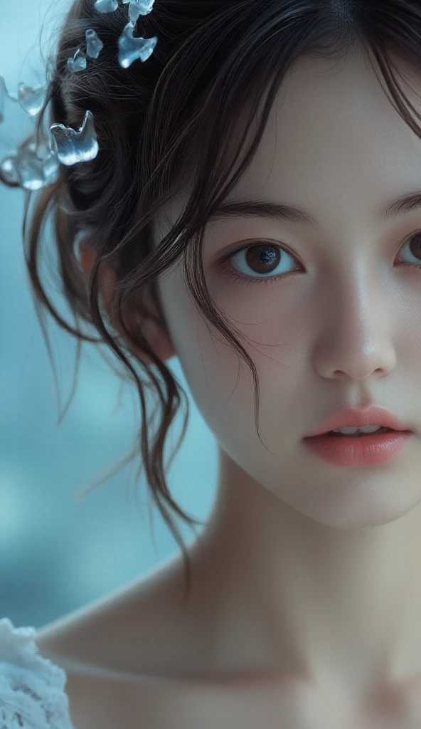 white colors,Bright tones,Front view portrait of 14 year old beautiful Japan girl style. facial close-up、Young cute expression、huge-breasted, This image is、Capture a girl splashing water on her face with soft lighting、Emphasizes the eyes that invite with sex appeal,huge-breasted, highlight details. Fog and blue sky fog dreamy haze