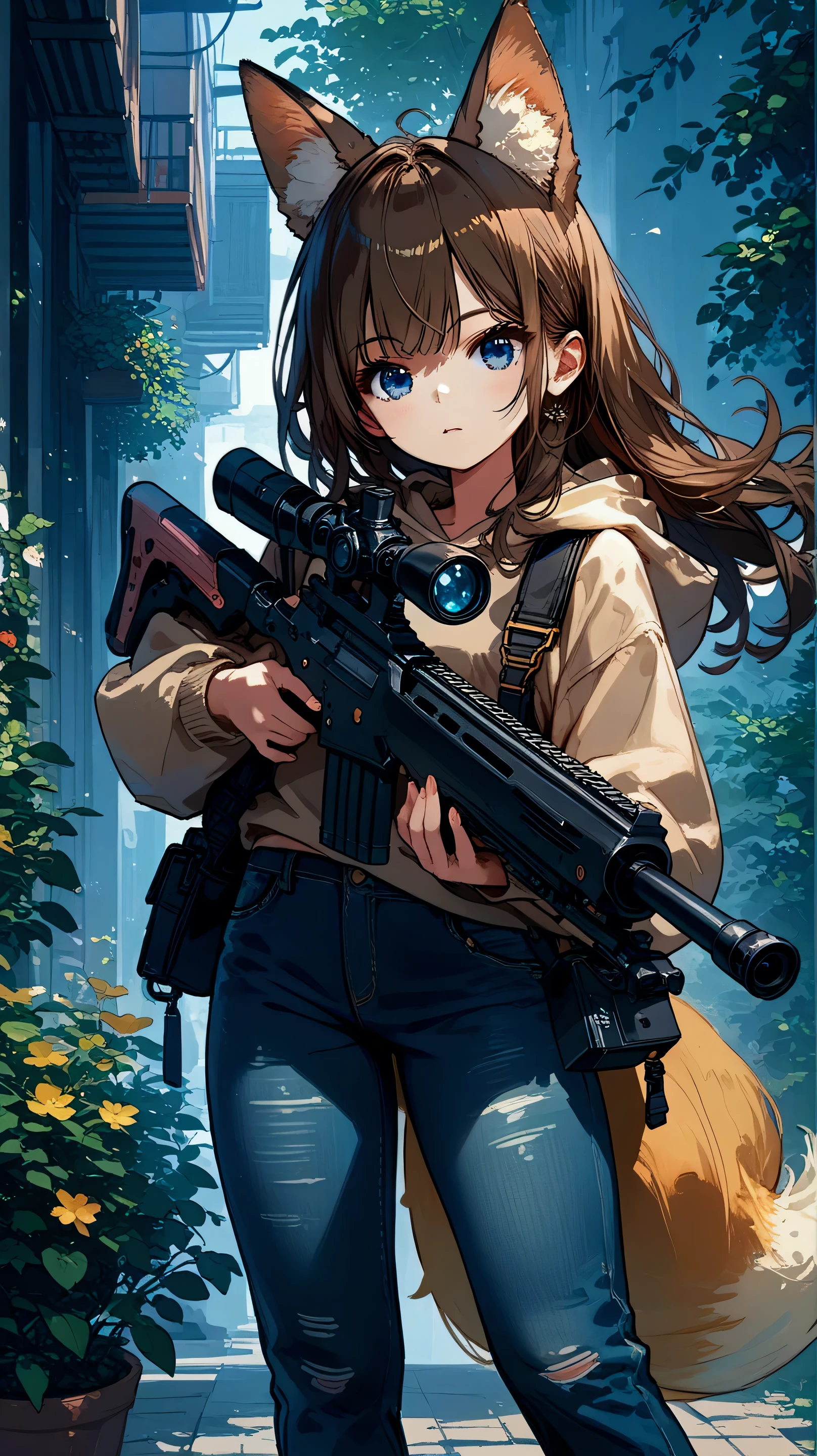 Female, long hair, blue eyes, brown hair, animal ears, fox ears, tail, anime ,holding a black rifle in both hands,beige hoodie and jeans