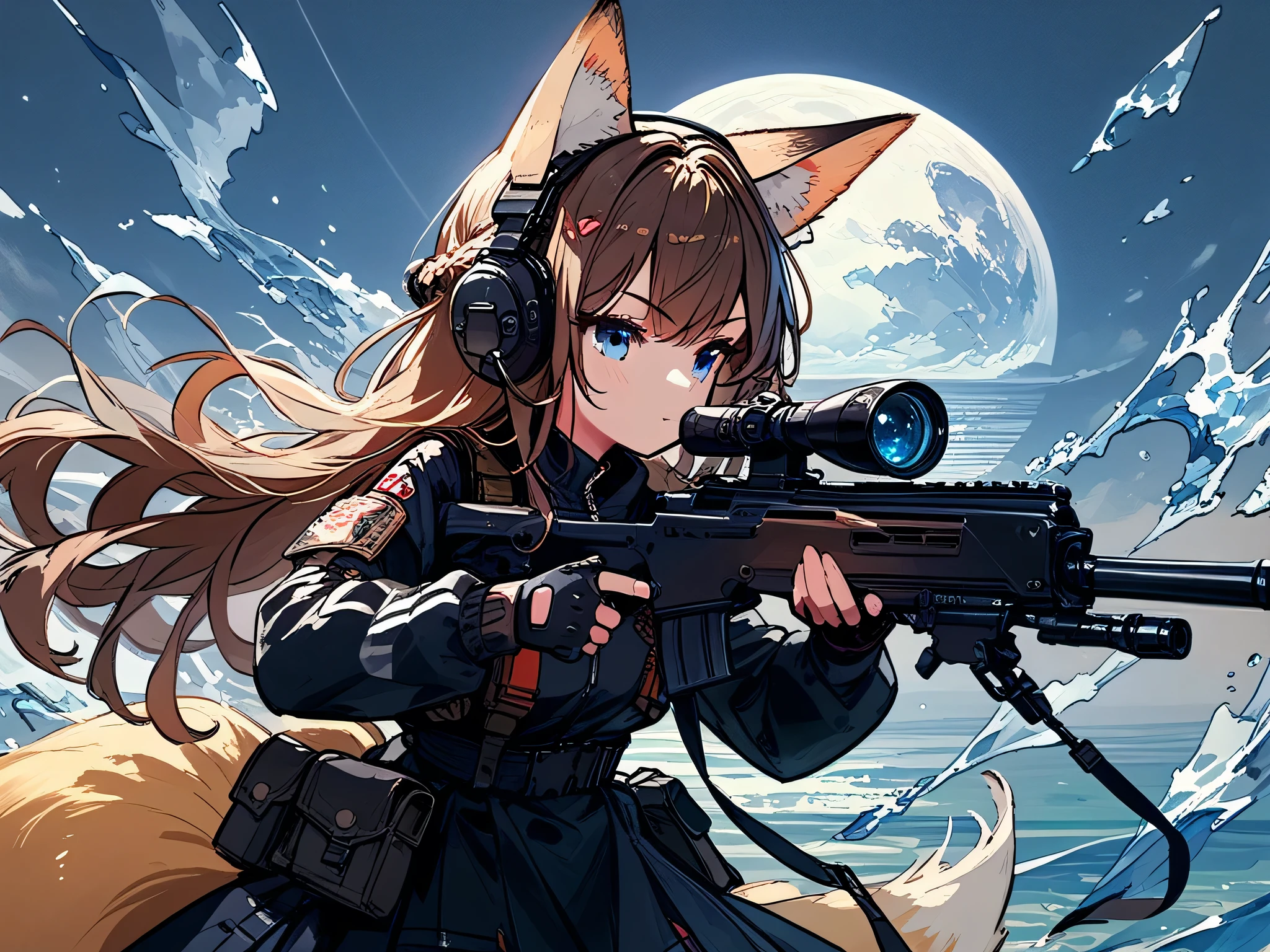 Female, long hair, blue eyes, brown hair, animal ears, fox ears, tail, anime ,holding a black rifle in both hands,