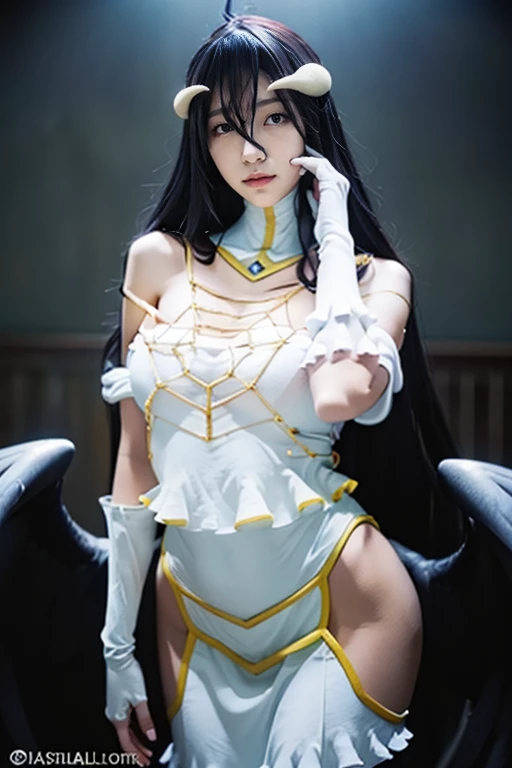 Albedo realistic version of the real world, peitos grandes e pesados. A perfect and definitive idol that captivates everyone、olhos amarelos brilhantes, lindo vestido preto de renda caido nos ombros, Sexy Demonic Woman, lugar sombrio e misterioso. Realista Overlord Anime Setting, Dramatic and eerie lighting giving an air of suspense and horror movie. Todo mundo se apaixona por ela、chifres, decote muito sensual, vestido preto muito sexy e provocante, beleza ecotica, A very cute female idol at the age of 20, Pale Pele、Olhar ganancioso convidando um homem、cabelos pretos、cabelos desgrenhados、cabelos intrincados、9Perfect head and body figure、Linha de Corpo Perfeita、 Figura fina、Seios pontiagudos bonitos、lindos solavancos no peito、Enfatizar a clivagem、Tiroteio RAW、photorealistic cinematic render、hyperrealistic rendering、foto retrato、night time render、Fotos gerais coesas、texturas de pele realistas、alta qualidade、alto detalhado、mais alta qualidade、alta resolubilidade、HDR 8K、Rastreamento de raio、canon, NSFW