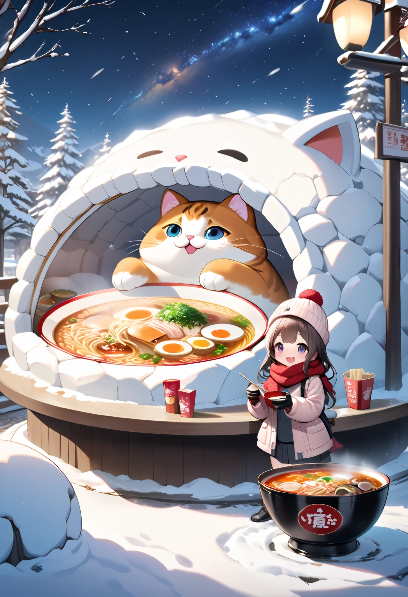 (masterpiece), ultra-detailed, best quality, clear focus, dramatic scene, (cinematic), shadow, ultra-high resolution, 8k, perfect anatomy, perfect face, detailed face, detailed eye, (chibi:1.3), cute Japanese chibi girl, famous Japanese chibi idol, very beautiful and cute and cool face, (wearing a cute pastel colored winter outdoor wear with warm pants), (woolen scarf and glove and knit cap:1.2), (large breasts), (She is holding a ramen by the simple table in front of the snow igloo shaped takeaway ramen shop:1.3), (ramen igloo like a snow dome:1.2), there is a table in front of the snow igloo, huge bowl of gorgeous ramen, (the cute giant fat cat is standing as a ramen master at the counter of the snow igloo:1.3), at the scenic mountain village covered with snow at night, professional lighting, (the giant fat cat is mewing:1.3), (extremely detailed giant fat cats:1.3), she looks so happy, amazing view of the milky way with the snow mountains, leafless trees,