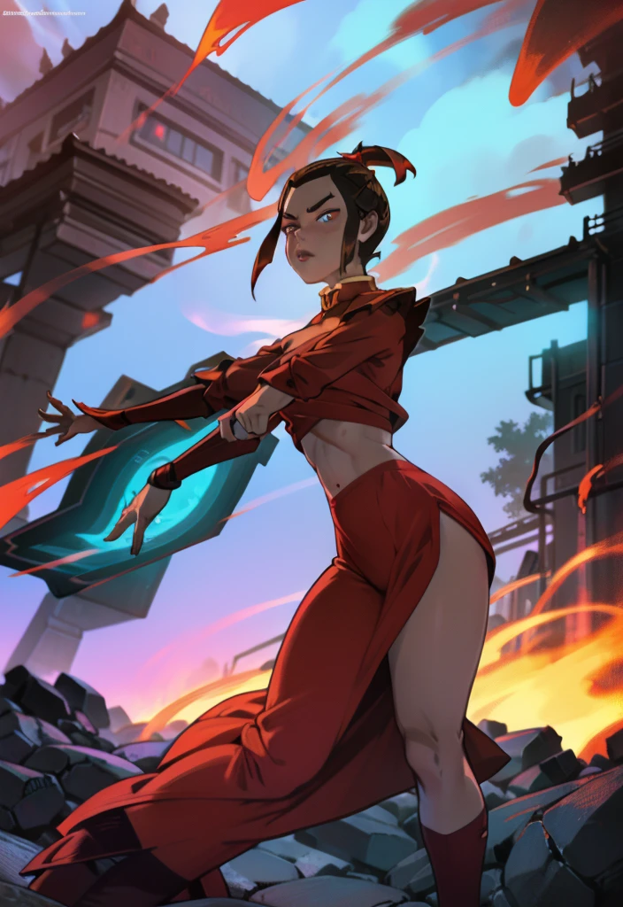 Mai Shiranui, eerie glowing red eyes, serious look, has an extremely strong physique, sensuous, sensuous dress durado, golden armor