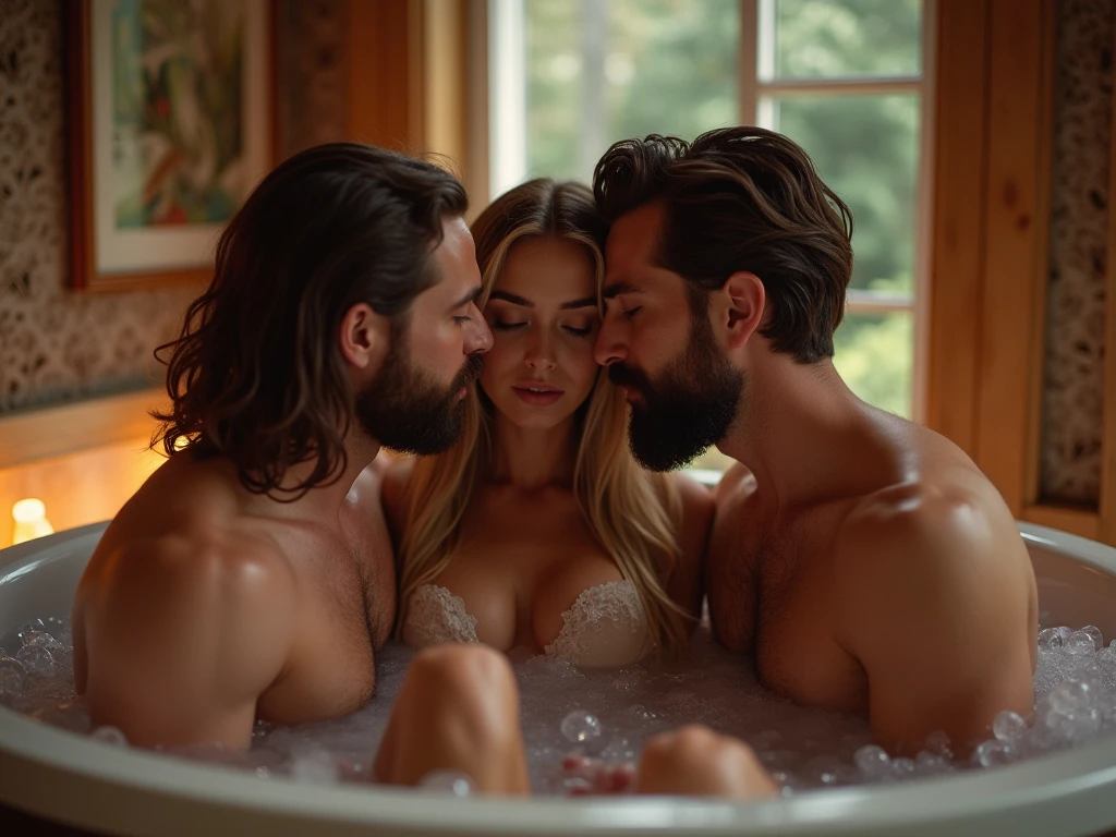 (photorealism:1.2), 4 extremely beautiful young harem girls, sexy nude, big breasts, Pretty perfect faces like kendall jenner and young Jennifer Connelly and young Brooke Shields, blonde and redhead straight hair, flirtatious and provocative, bathing drooling and excited and aroused very fat ugly man with untrimmed long beard, in pink Jacuzzi in pink luxurious bathroom of pink palace, realistic, intricate details