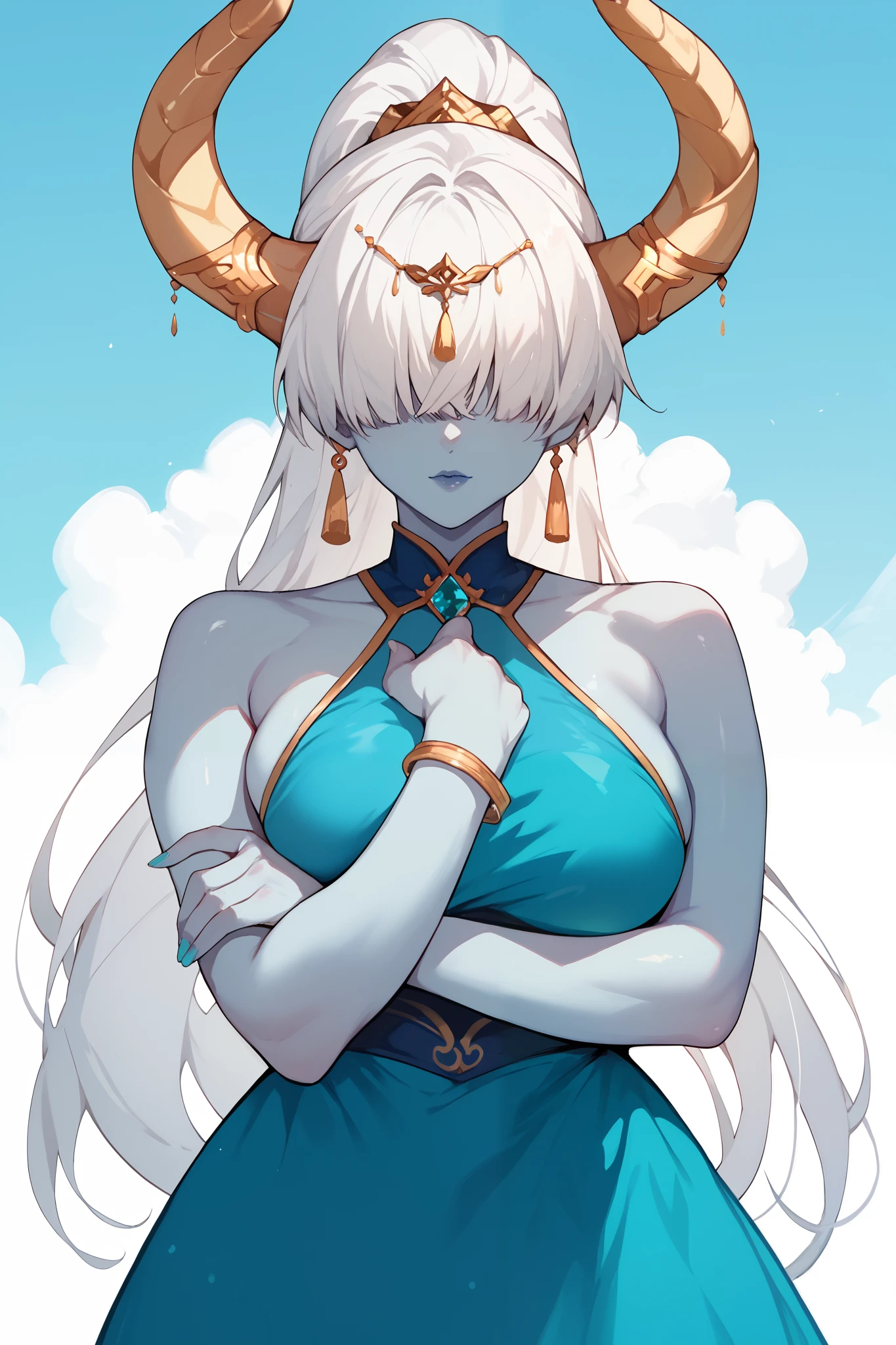 Mature Woman, blue skin, long hair, white hair, bangs, hair covering the eyes, golden horns,Ponytail,Hair jewelry, anime style,Aqua blue dress,