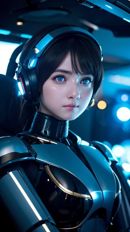 best quality, masterpiece, ultra high res, (photorealistic:1.4), 1girl, 18 y.o., petite, gorgeous, small breasts,  (cyborg:1.5), (green eyes:1.3), (black hair:1.1)