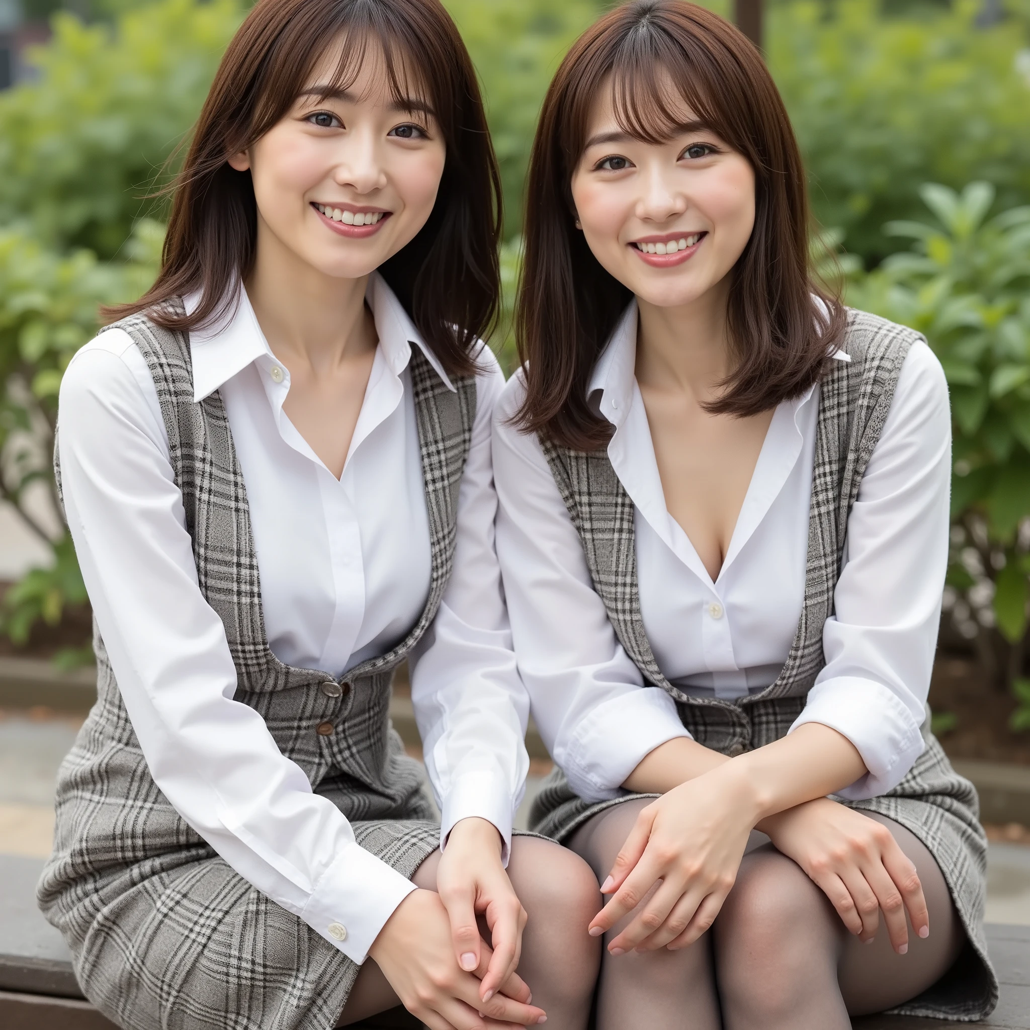 『 has a different mood with her face 2 Japanese girls:1.9』『 real photos:1.3』 best quality :1.2、(( big breasts))、 and see a little bit of cleavage 、(( young woman))、(( have red cheeks ))(( smiling with her teeth :1.3))、((( anatomically correct、 Perfect Anatomy、 anatomically correct指)))、 realistic, best quality , Ultra high resolution, RAW photo, (Curvy body)、、 has a different hairstyle and facial feeling 、 white shirt with a rough open chest Urzang-6500-V1.1、( RAW photos :1.2)、( photorealistic )、(Genuine:1.4)、2Human girl nude 、 Perfect Anatomy 、I'm 42 years old 、 camera 、 Medium Hair、 Plaid Vest、(( centimeters apart :1.3))、( Ultra Realistic Pantyhose:1.2)、( high heels)、( business services )、 sitting on a park bench