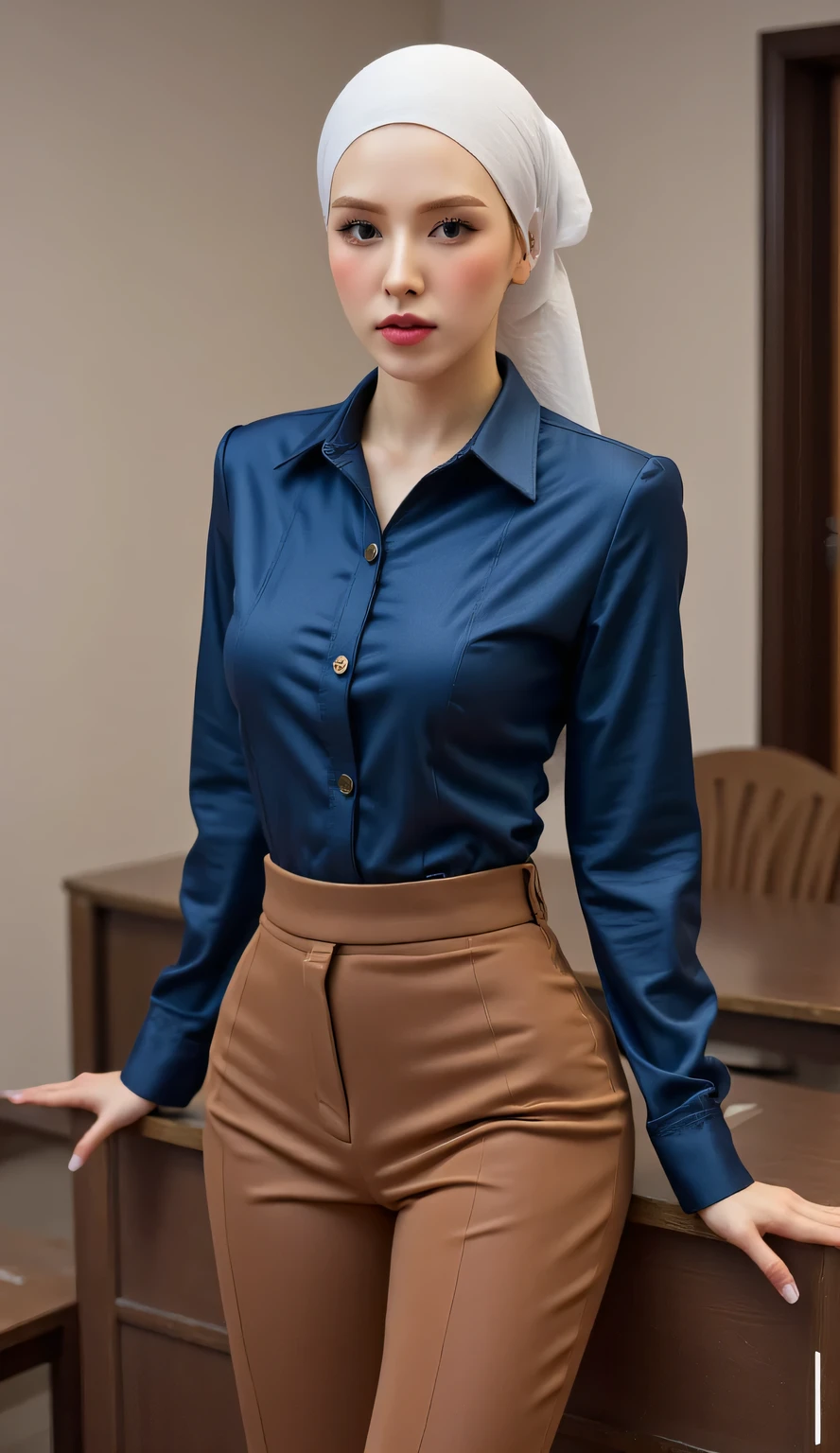 Female teacher , looks at sexy curves , using a tight formal shirt in satin material long sleeves in blue brown , using long formal trousers up to the feet in brown color , use a closed hijab up to the neck in white color , flaming red lips ,
