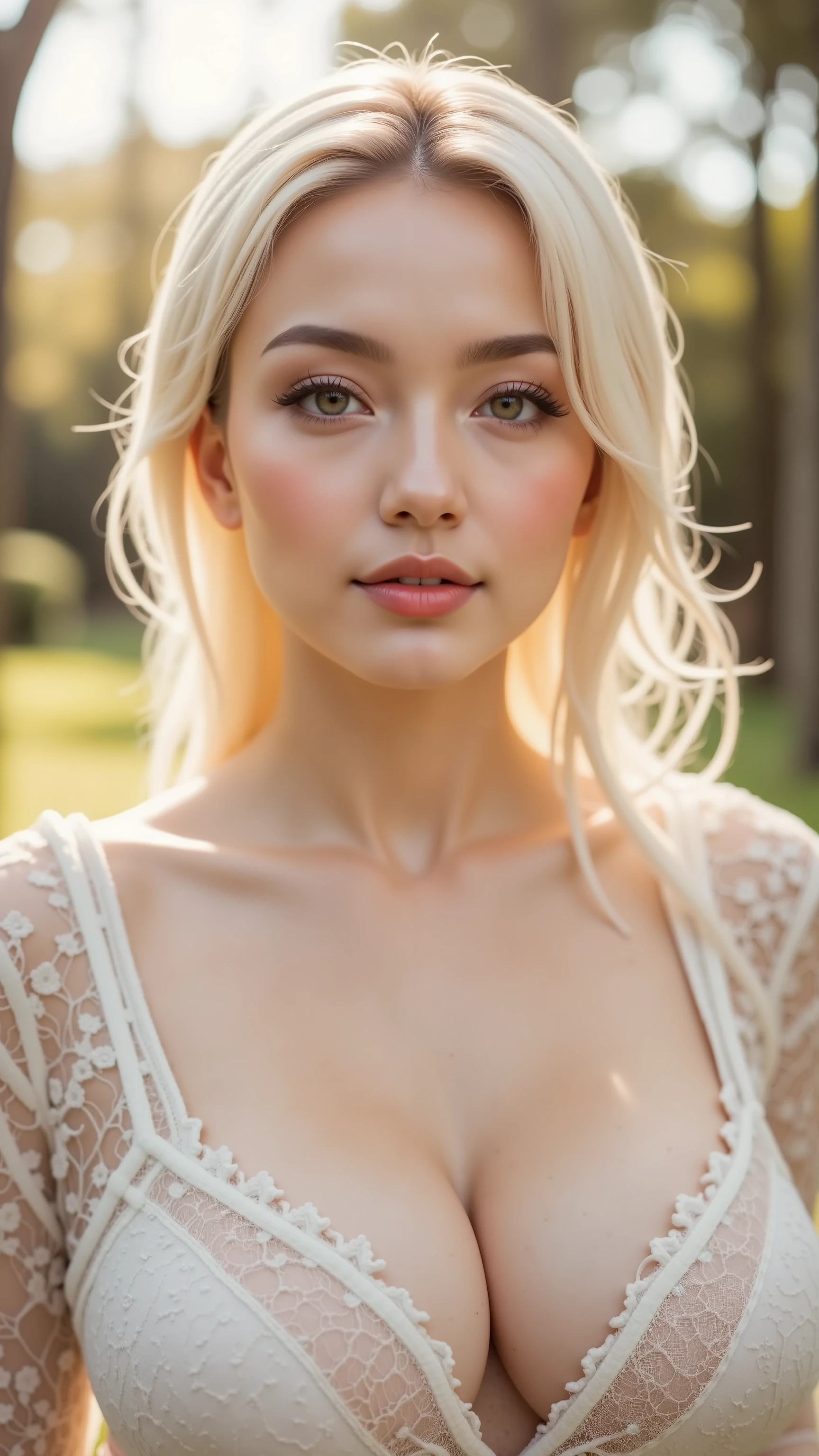 32k, Masterpiece, Top Quality, ethereal portrait, platinum blonde wave hair, delicate Asian features, glowing skin, soft natural makeup, red lips, white lace dress, shea sleeve, dreamy backlighting, bokeh background, romantic outdoor environment, high resolution, shallow depth, soft focus, golden hour lighting, fashion photography, elegant and feminine beauty