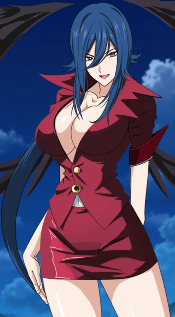 masterpiece, best quality, 1girl, blue hair, yellow eyes, male focus, red jacket, cleavage, large breasts, long hair, red skirt, miniskirt, pencil skirt, long legs, no bra, sleeves rolled up, necklace <lora:Kalawarner | High School Dxd:0.9>