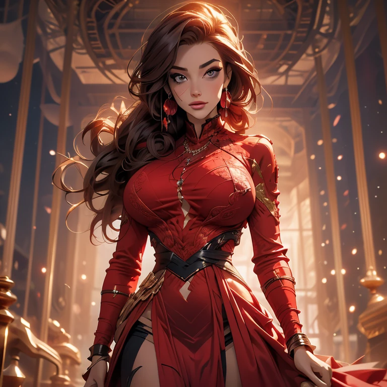Create a visual representation of how you feel when you're deeply focused on your thoughts,Alto, Obra-prima: 1.2), Ultra detalhado, Realista: 1.37, HDR, studio illumination, Cores vivas, foco nítido, Physically-based rendering, representation of extreme details, Profissional, Personagem feminina, Olhos azuis, cabelos loiros , (((vermelho roupas))), rabo de cavalo lateral, brincos triangulares dourados, vestido transparente vermelha, aberta na frente, seios pequenos a mostra, pubic hair, detalhado, 8k, alta qualidade, Dynamic light effects