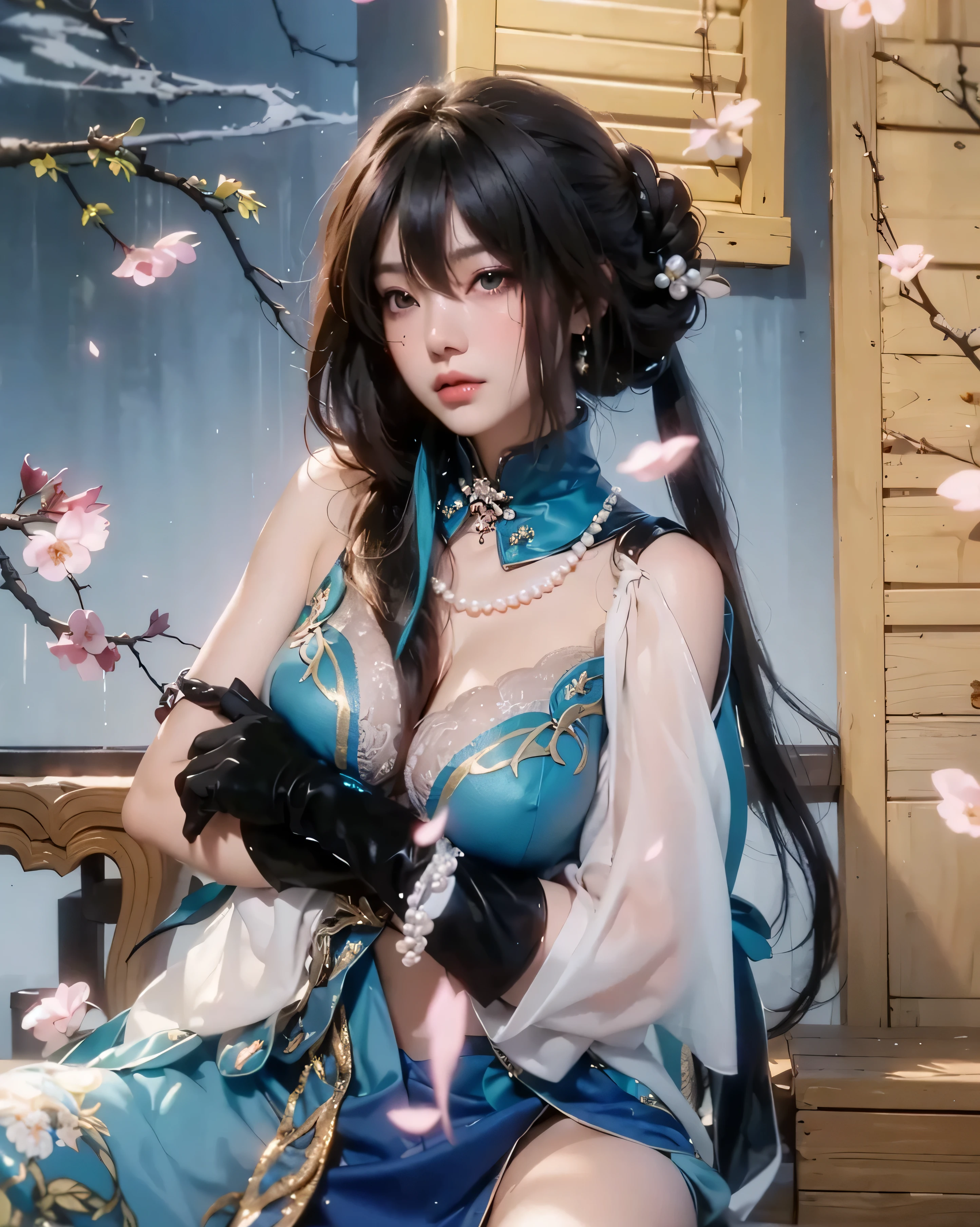 ((RUAN MEI_HONKAI STAR RAIL),((realistic, photorealistic)),(highlight hair)), Light reflection, (( HD )),((upper body)), (((best quality, masterpiece))), (masterpiece) (best quality) (detail) (8k) (HDR) (wallpaper) (cinematic lighting) (sharp focuasterpiece, best quality: 1.1), Real life adaption of this character, Asian beauty face, Shining Purple eyes, realistic outfit, realistic shadow, realistic light, realism, hyper realistic, realistic background,(photorealistic:1.2), 1girl, ruan mei \(honkai: star rail\), solo, china dress, green gloves, hair ornament, detached collar, necklace, thigh strap, carpet, lying, bed sheet, looking at viewer, facing away, blush, parted lips, hands up score_9, score_8_up, score_7_upscore_9, score_8_up, score_7_up, source_anime, ruan mei, black hair, aqua eyes, long hair, hair bun, single hair bun, sidelocks, streaked hair, hair between eyes, chinese clothes, pearl earrings, pearl necklace, thigh strap, bare shoulders, covered navel, aqua collar, jewelry, detached sleeves, sleeveless, sleeveless dress, clothing cutout, hair ornament, dress, elbow gloves, gloves, aqua dress, aqua footwear, aqua gloves, hairpin, high heels, garden laboratory, working on scientific experiments, surrounded by sakura trees in full bloom, cowboy shot, dutch angle, hand on shoulder, elbow out Cherry blossoms are flying