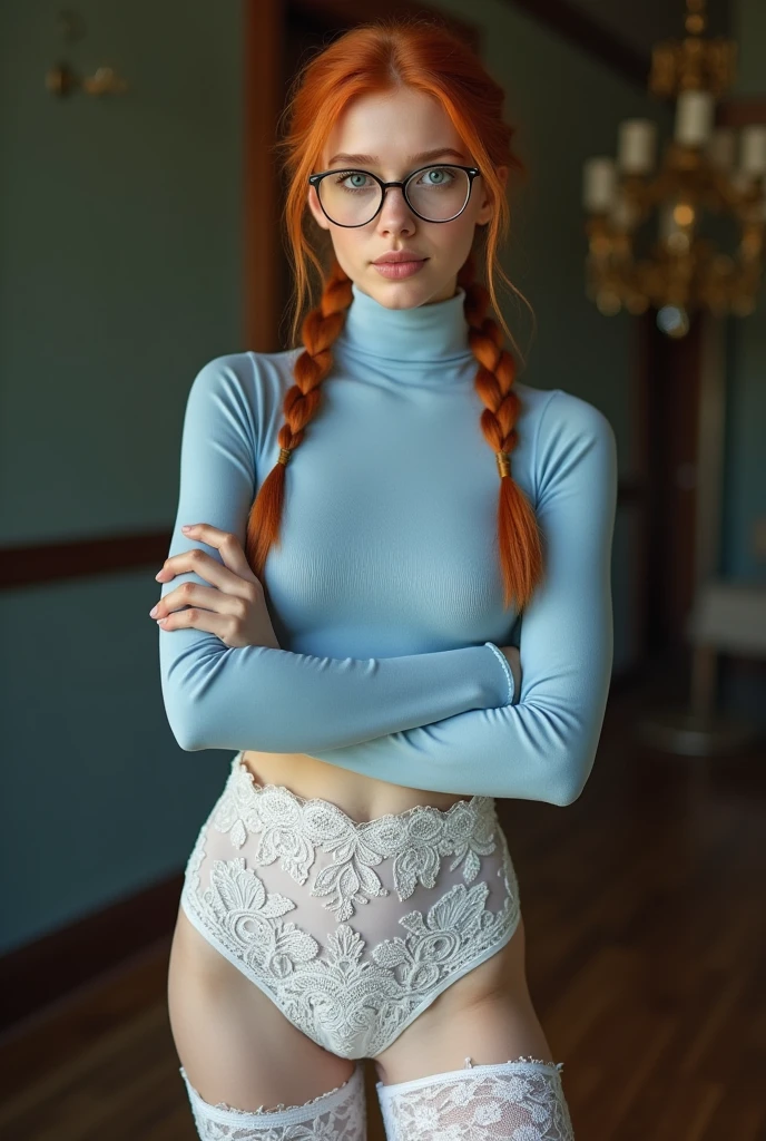 ((Thomasin McKenzie, Büromädchen, blue legwear, oben ohne, Hands in front of the breasts, Brille, traurig)) twintails,  stehend, dynamische Pose, ultra-detailliert, ultra realistisch, RAW-Foto, Meisterwerk, crazy details,