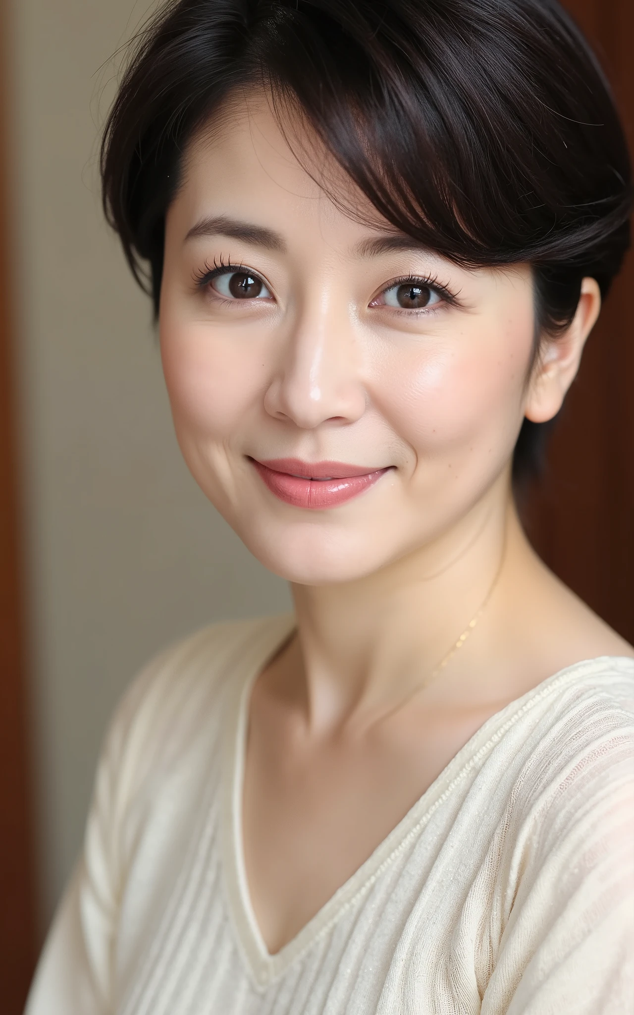 attractive milf, (detailed description of hair), (Detailed description of the face), (Detailed description of the body), high definition , masterpiece,  top quality,  high detail, formal: 1.4), (realistic:1.2, ultra realistic:1.1, Realistic:1.37), ( sharp focus:1.4), depth of field, Physically Based Rendering, sadistic, pixie cut, unrivaled beauty, Ultimate beauty), ((cream sweater :1.2)), (55 years old), Japanese, Closeup, fine lines of laughter :1.2, ((Tulip Background ))