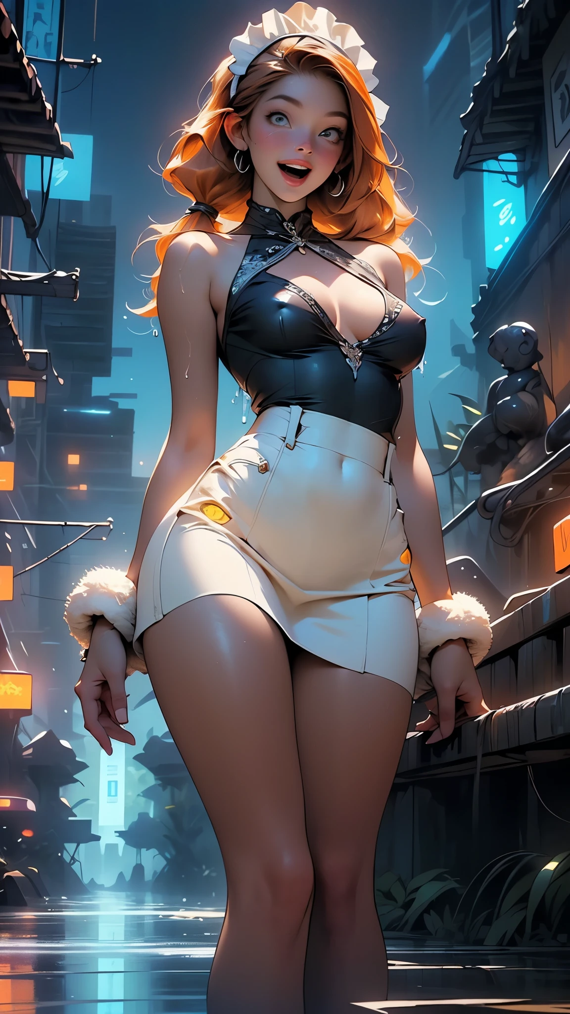 (Highest quality:1.2, Attention to detail, masterpiece:1.2, Best aesthetics), (1 person), Cowboy Shot, ((Playboy Bunny, black tights:1.2, Bunny ears, ハイレグ White leotard, White leotard:1.1, White leotard)), (Light blue hair, Twin tails, Asymmetrical bangs, Bright Blue Eyes), 美しいAttention to detail目, Beautiful lip detail, Highly detailed face, Detailed Fashion, elegant, luxury, High quality fabric, Shine, Shine, smile, Random Pause, Dutch Angle, bar, casino, night, Dramatic lighting, Cinematic, Bright colors, Intricate details, Chiaroscuro lighting.
