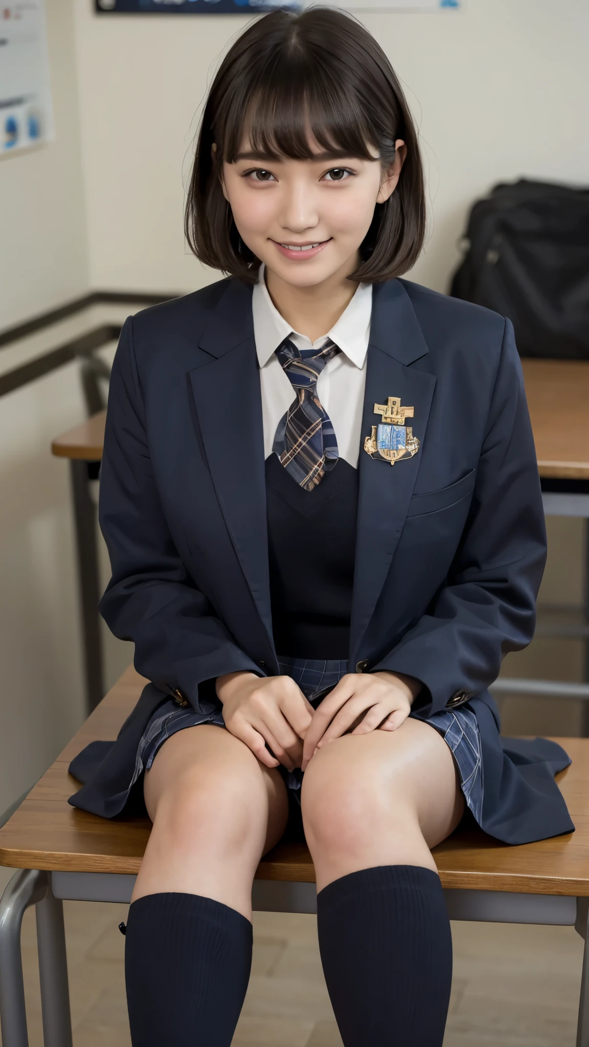 Highest quality, 4K, 8k, High resolution, masterpiece, Genuine, Realistic, Realistic:1.3), (upper body), Girl sitting on the school desk in classroom, blue neckerchief Uniform, Dark Blown Blazer, blown plaid skirt, Gal Makeup, wearing oversize dark sweater amd white collared shirts, ((short straight hair)), Gold Bracelets, 19-year-old, bangs, grin,Thighs, knees, From below, pinching skirt:0.7, black long socks, open legs:0.8,