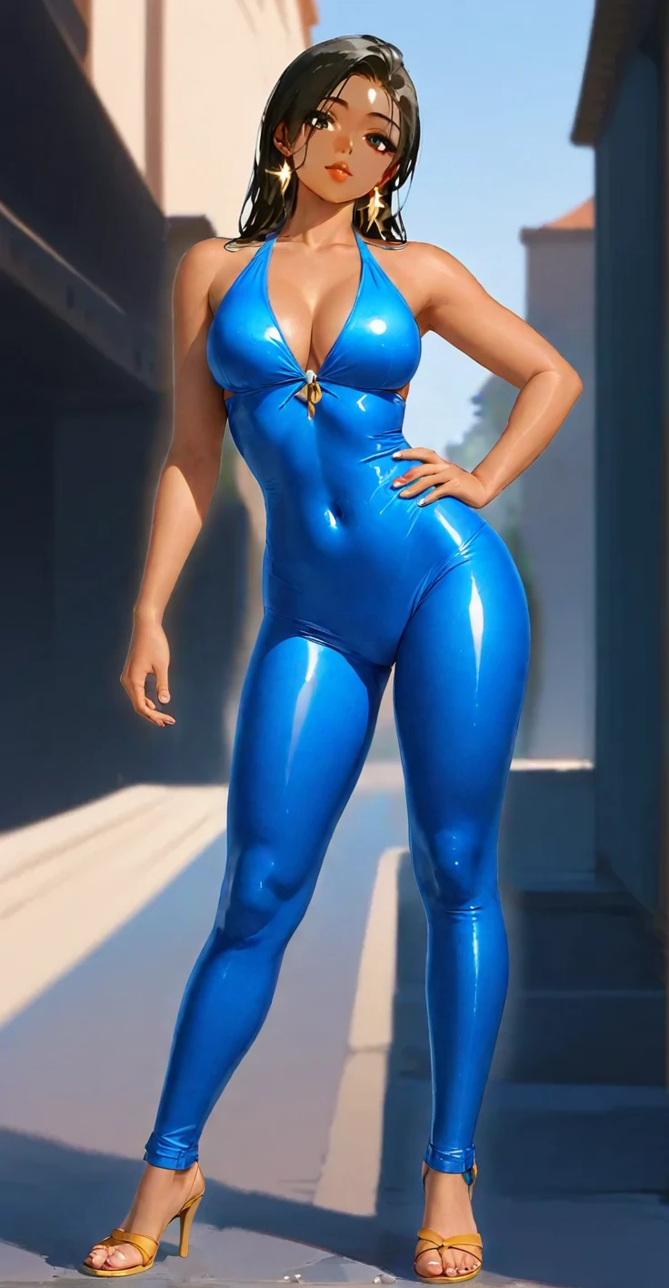 mature bimbo, thick calves, beautiful slim thicc body, slendered abs, slender, wide hips, slim, thin, big thighs, skinny, curvy, small waist, big breasts, narrow waist, conservative bodycon blue dress, seductive atmosphere, high heels, tan skinned tanned tan skin, 43 years old, smoky metallic eyeshadow, wide hips, lipstick, full lips, white hair, Uzaki_Tsuki, closed eyes