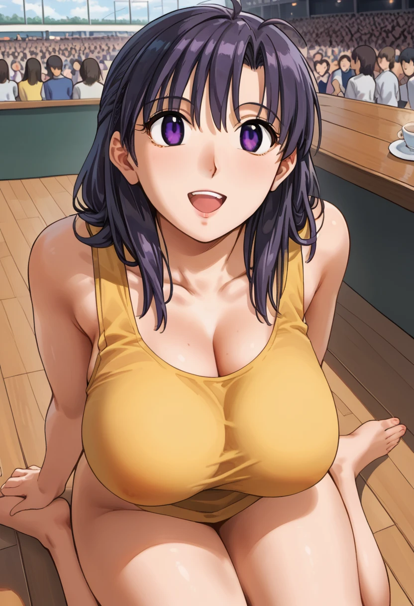  highest quality, High resolution, 1 girl, focus only, (big breasts:1.2), hair ribbon, blush, embarrassing, (From above:1.2). shirt lift,bra, ((good)), whole body, (((light purple underwear))), light smile, fine and clear eyes, ),(elaborately designed panties), pencil skirt, skirt lift, skirt lift , ((get down on all fours)),