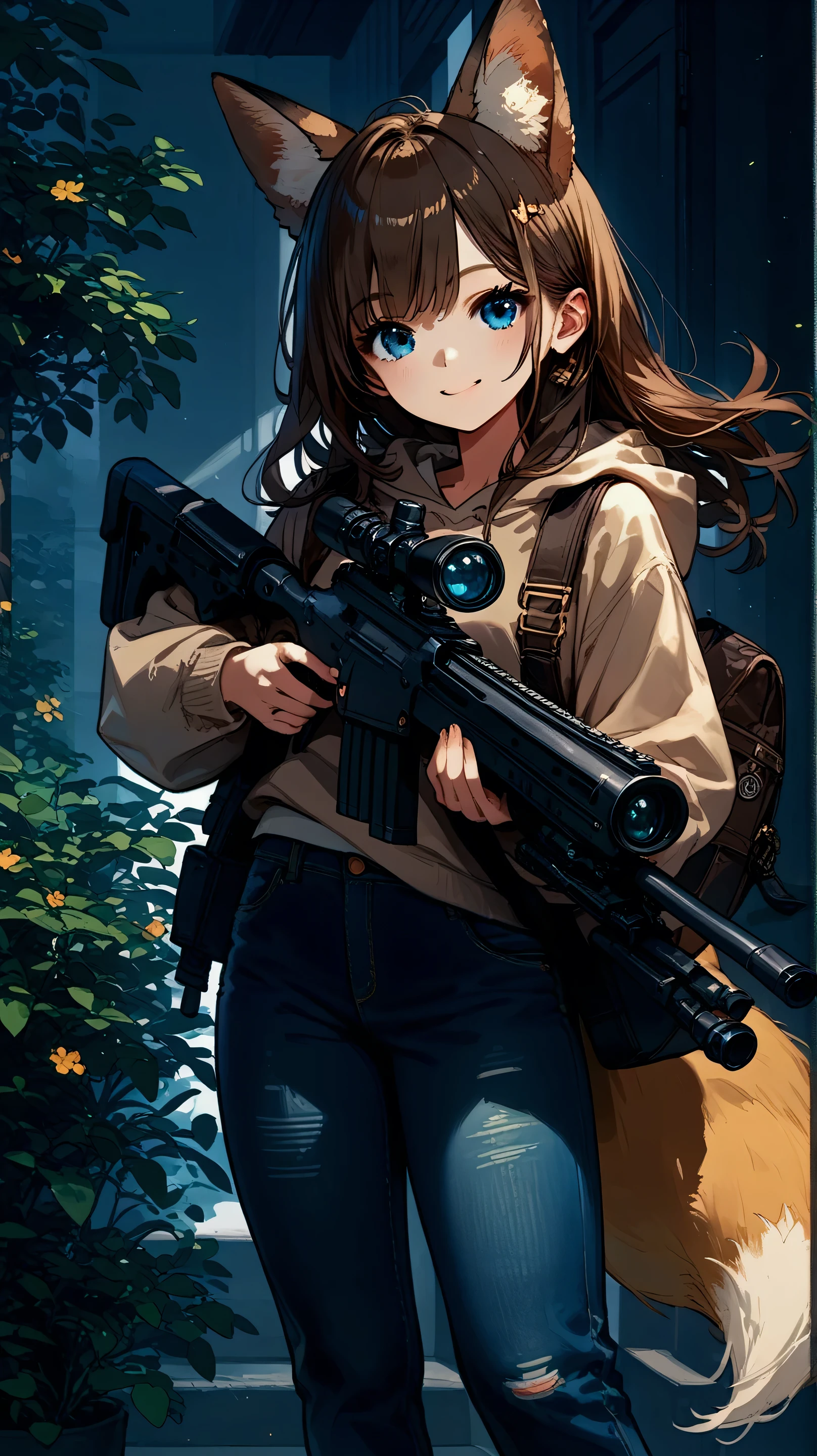 Female, long hair, blue eyes, brown hair, animal ears, fox ears, tail, anime ,holding a black rifle in both hands,beige hoodie and jeans,smile
