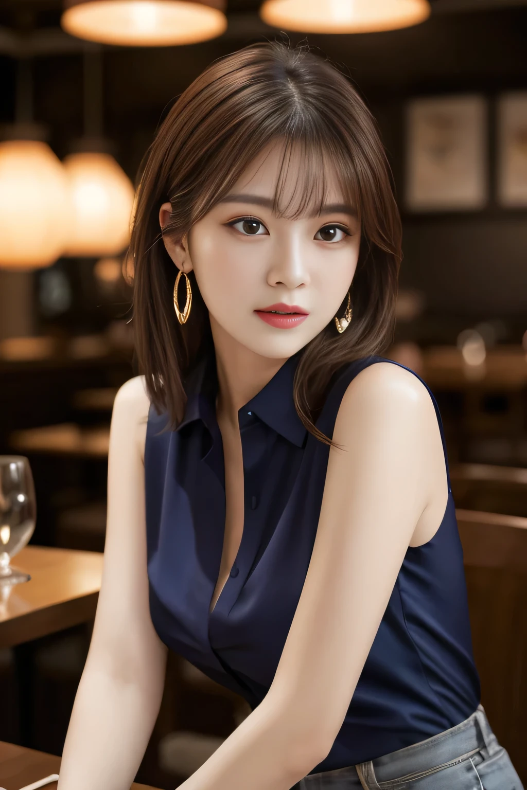 masterpiece, highest quality, Realistic, Very detailed, Finer details, High resolution, 8k wallpaper, One beautiful woman, Wear a navy blue see-through blouse, In a great pub, At night, Light brown messy hair, Perfect dynamic composition, Beautiful and beautiful eyes、Big earrings、Sitting in a chair、