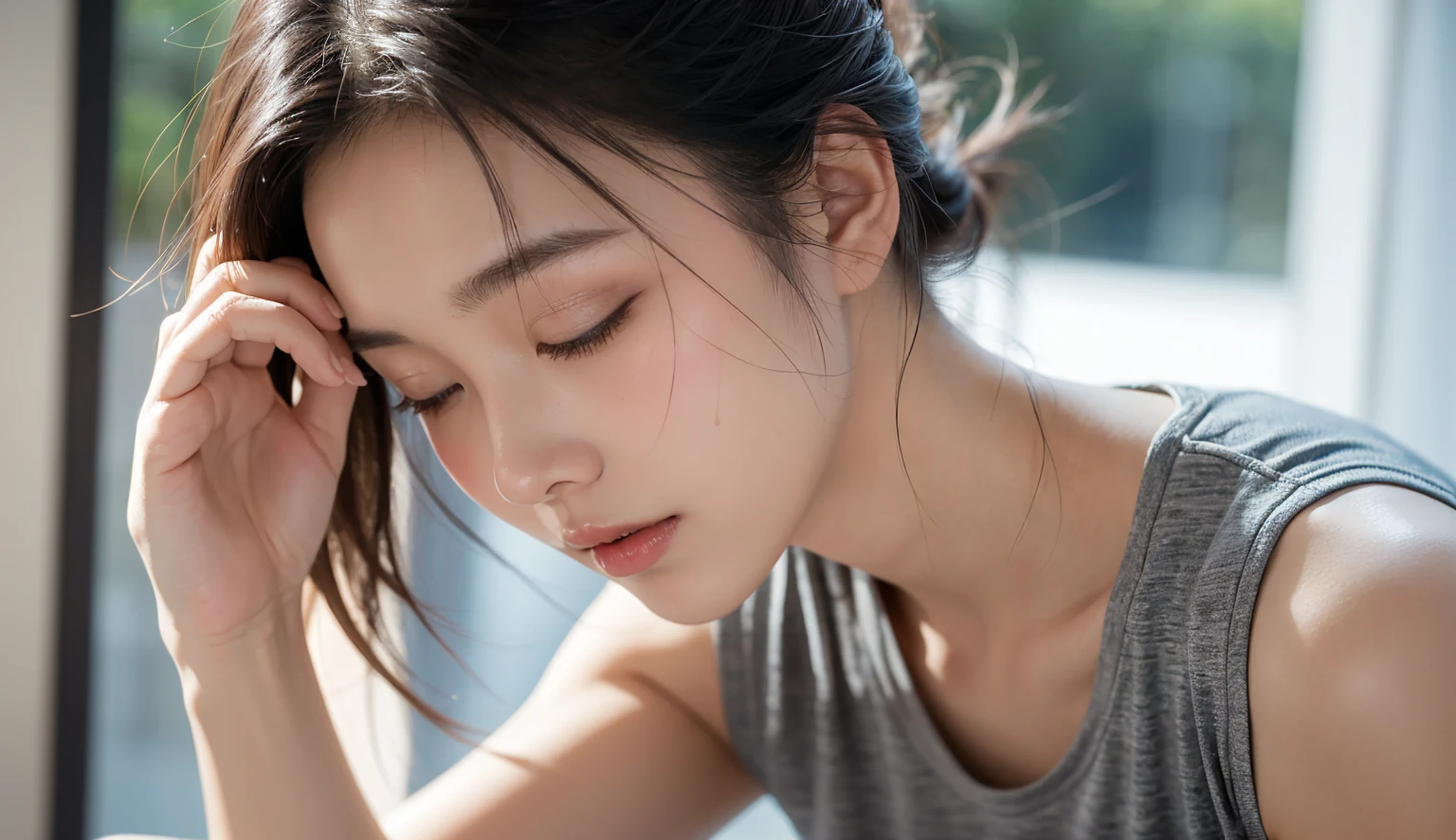 A serene and radiant young Japanese woman in a state of meditative flow, her skin glistening with a fine layer of sweat as she practices hot yoga in a well-lit room, her gleaming gray T-shirt and matching athletic shorts accentuated by the subtle sheen of her skin, her expression a testament to the calm and inner peace that radiates from within, Super close-up from behind, capturing the intimacy and tranquility of the moment as her body is set free from the constraints of the outside world, her sweat-drenched skin a map of her inner journey, every pore and curve a testament to her connection with the present, her eyes closed, her breath steady, her spirit at one with the universe.