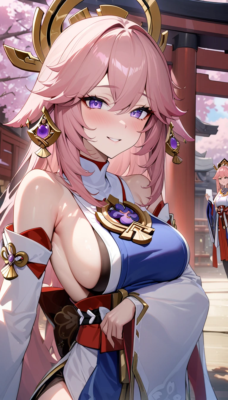 NSFW, (Best quality, High quality:1.4),(Masterpiece), Ultra - detailed, Ultra - detailed,V8k wallpapers(Nuit:1.2),(dehors), yae miko, Detached sleeves, bare shoulders, cheveux roses, cheveux longs, japanese clothes, beste-Qualit, (peinture:1.5), (ornement de cheveux:1.35), bijoux, violet yeux, boucles d&#39;oreilles, (sideboobs), torii, fleurs de cerisier, lanterne, profondeur de champ, face detailed, mise au point sur le visage, ruban_trim, beautiful thick thighs, entrejambe presque visible, (regardant la visionneuse : 1,25), miko non traditionnel, peau brillante, manches longues, sourire, thick lips, jeu cg , architecture est-asiatique