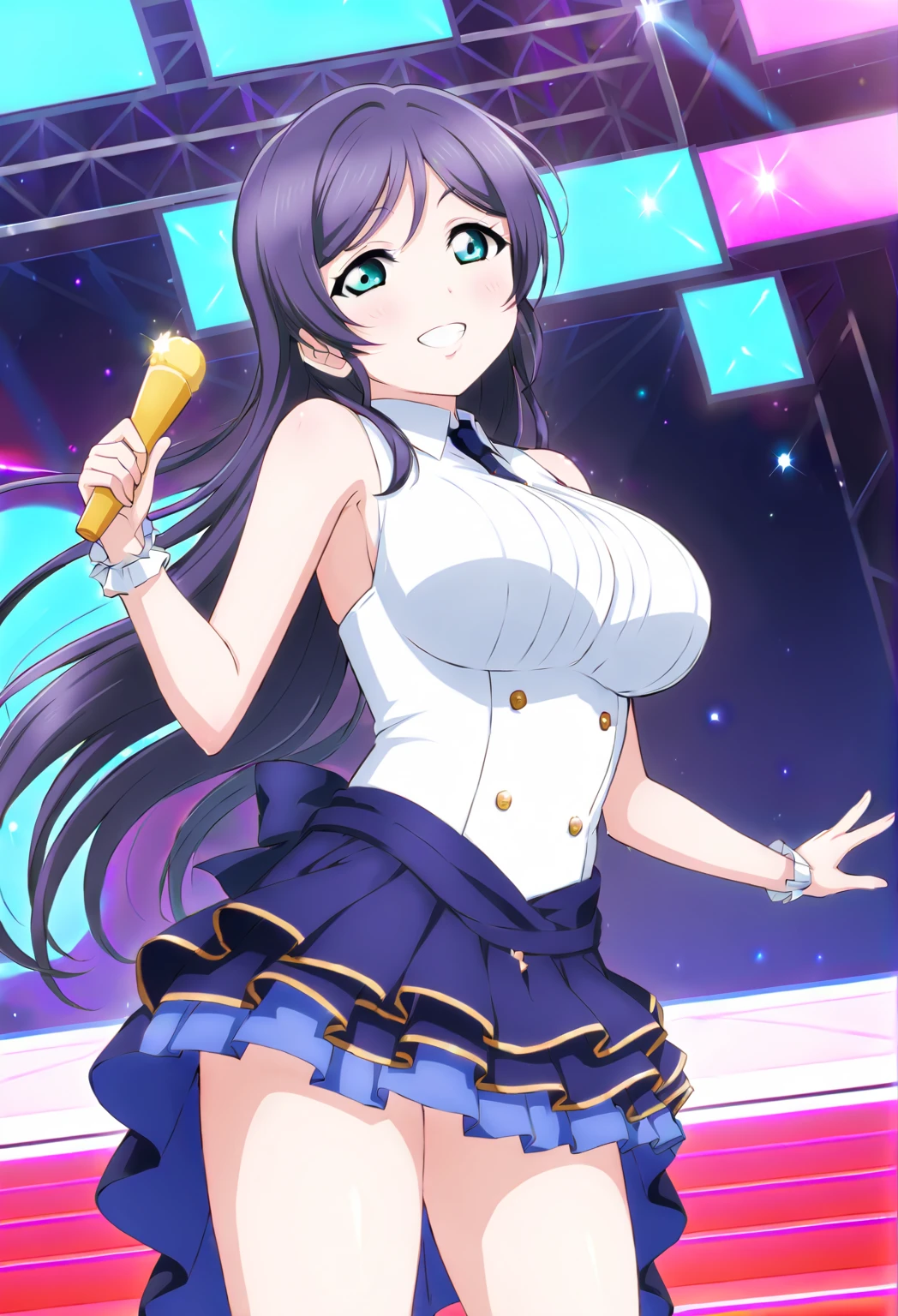 MIZUNOFUUKA, BLUE HAIR, BLACK HAIR, PONYTAIL, SCRUNCHIE, HAIR ORNAMENT, LONG HAIR, RED EYES,,ars old,  large breasts,, Live Stage, solo, nsfw, naked, Peeing, lactation, projectile lactation