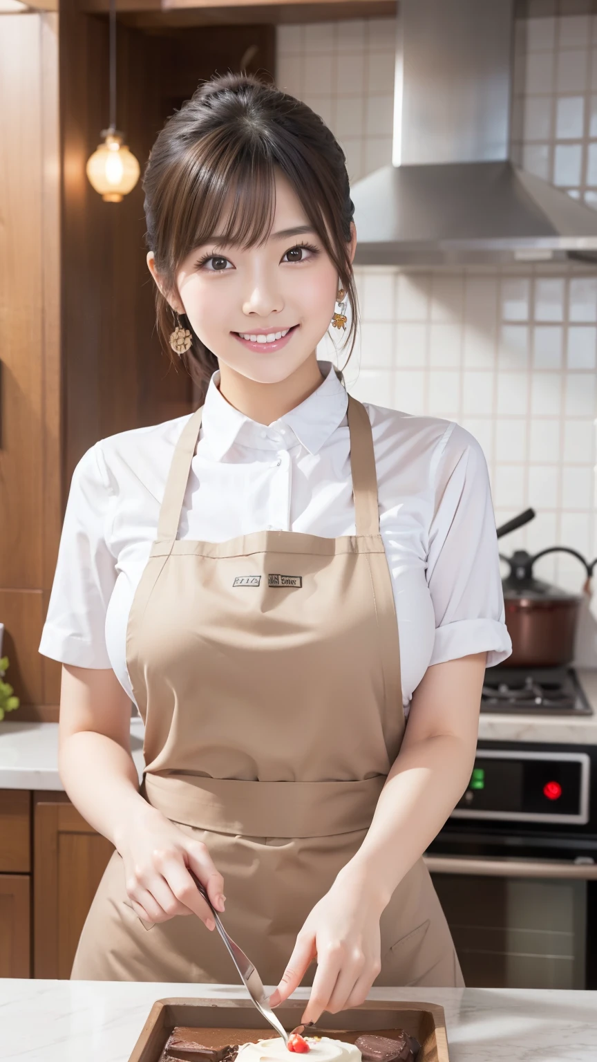 anatomically correct 5 fingers beautiful Korean woman in front of the machine ponytail with bangs in restaurant kitchen earrings collared shirt Patissier appearance apron Big Breasts Sensual body in restaurant kitchen looking at camera cute charming smile