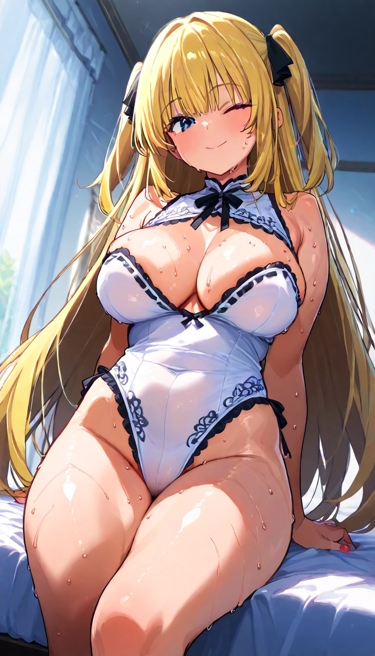 ((Highest quality)), ((masterpiece)), (detailed), Perfect Face、NSFW、Big Breasts、Squat、Leg spread、((Ｍ字Leg spread))、solo、From below the front、、Ahegao、Fold your arms behind your head、Yuuki Asuna、Sexy Lingerie、Dirty Panties－、