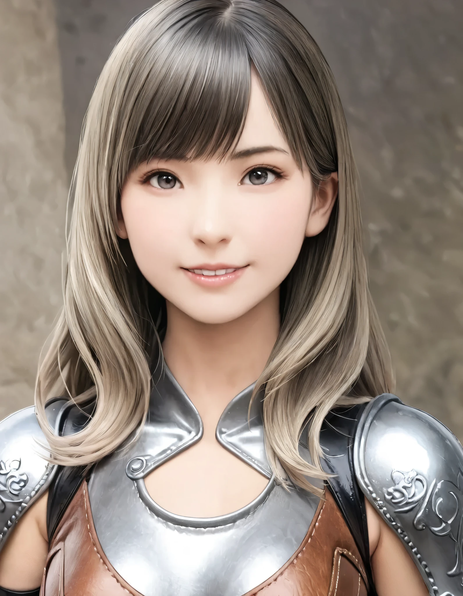 young blonde, Very beautiful girl with long hair, (black:1. 3)Silver Armor、Female Knight Elegant Pose, very detailed, smile、beautiful teeth、 Super realistic, concept art, very detailed, realistic, octane rendering, unreal engine, 