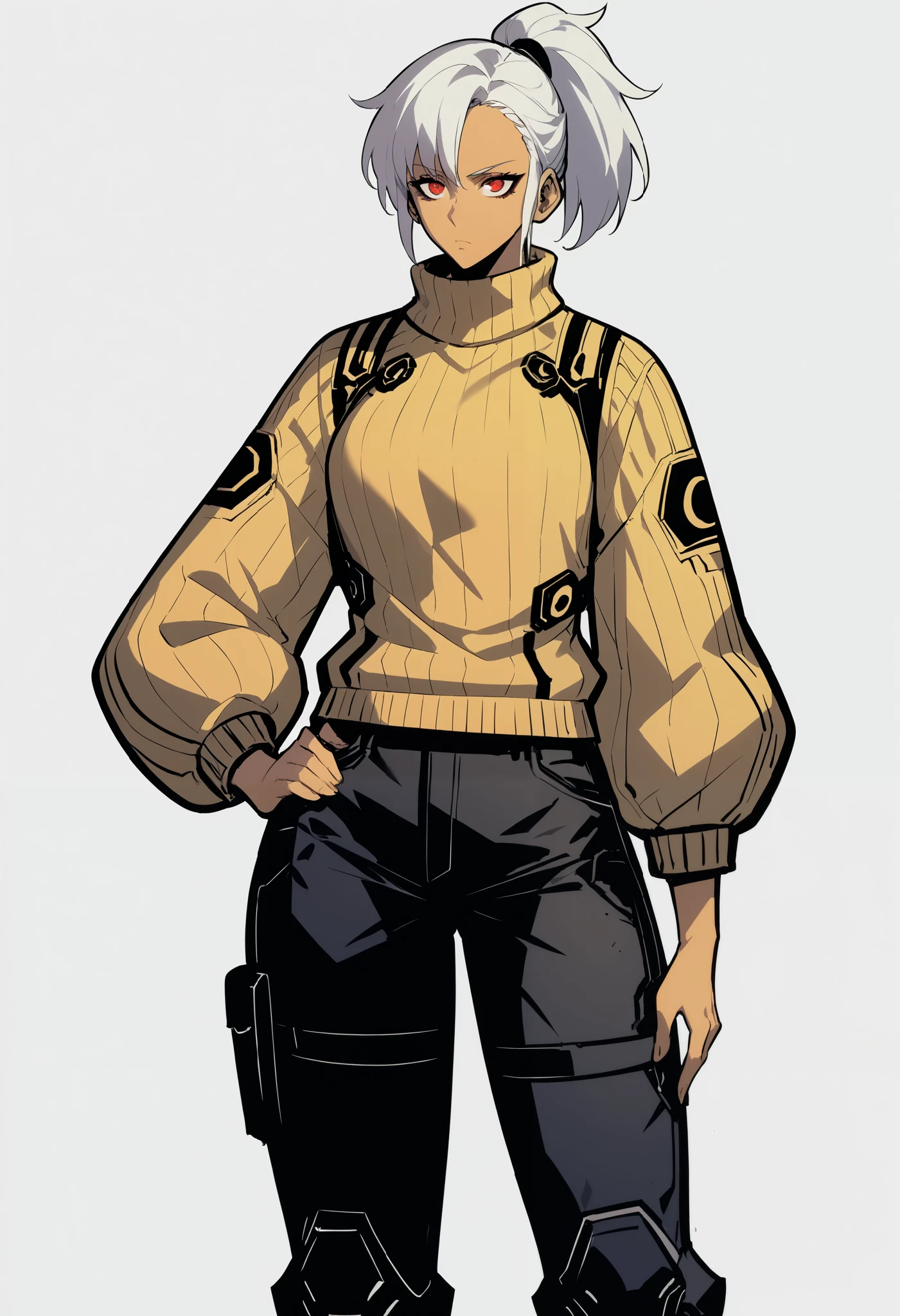 Midly Muscular woman in futuristic fantasy clothes, white hair , ponytail , red eyes, tan, tight yellow sweater jacket, black cargo pant, intricate pencil sketch, expressive eyes and nose and mouth, un-zoom, highly detailed, dynamic pose, white background, one hand on her hip, upperbody