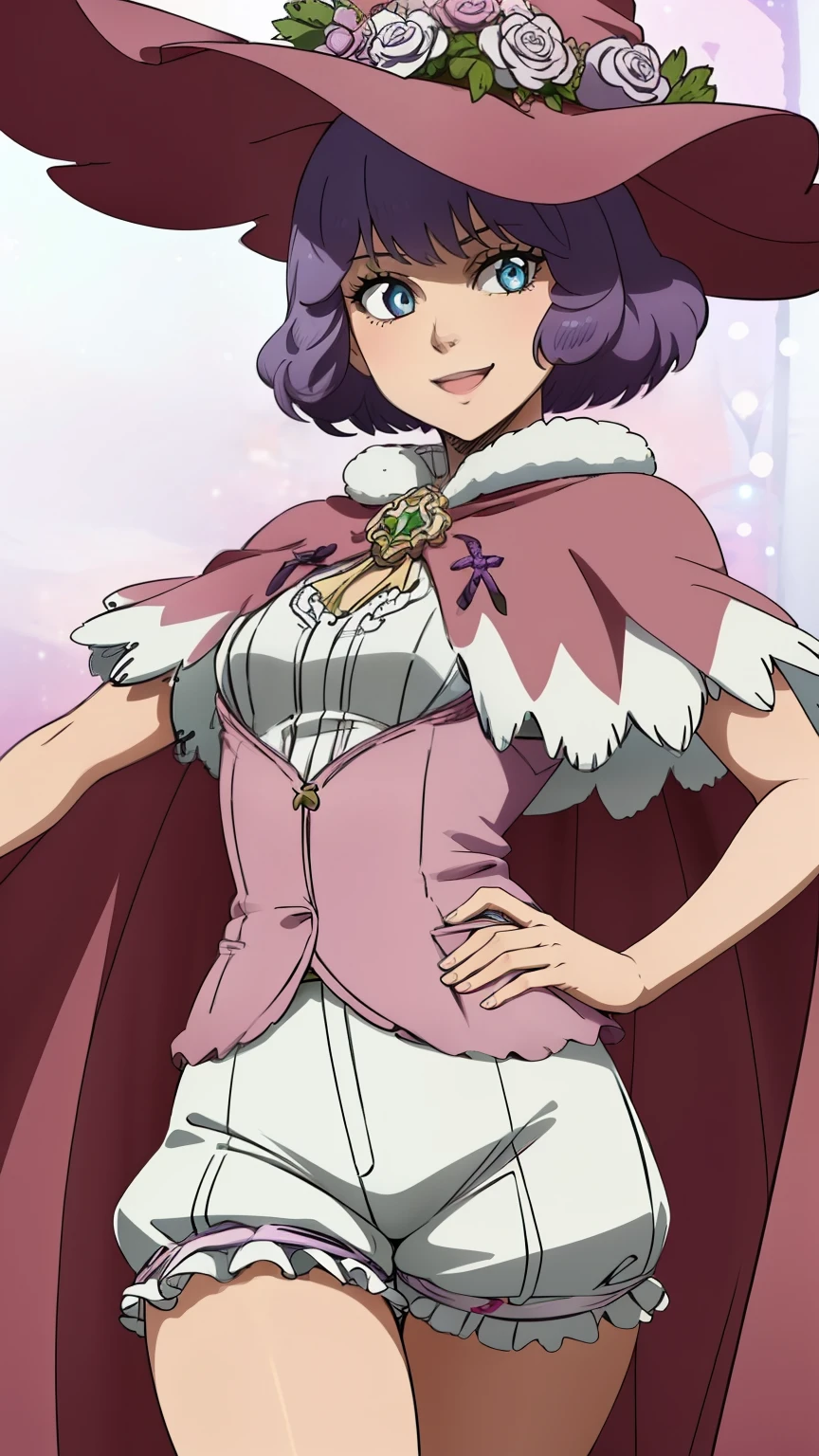 (Top quality, masterpiece, 8k), (Realistic skin texture), (anime coloring), Very detailed, very detailed, beautiful eyes, perfect eyes, detailed eyes, feature large highlight, perfect face, detailed face, ultra-detailed, detailed eyes, symmetrical eyes, (dynamic angle), sharp details, Dorothy, 1girl, short hair, purple eyes, beautiful eyes, purple hair, (((short))), (happy), (smile), solo, (small breast), (hat, flower, cape, witch hat, bloomers, pink cape, thighs), (cowboy shot:1.4), looking at the viewer, in the center of the image, sexy poses, dynamic angles,