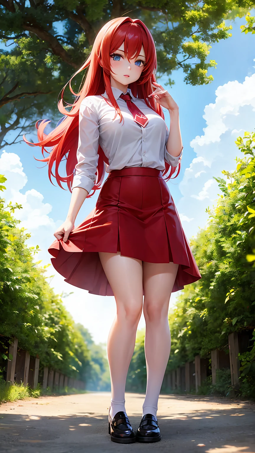 masterpiece, best quality, highres, best quality, highres, rias gremory, 1girl, long hair, school uniform, red hair, ahoge, blue eyes, large breasts, very long hair, breasts, skirt, huge ahoge, socks, outdoors, standing, spread legs, (skirt lift:1.3), (white thong:1.1), smile,