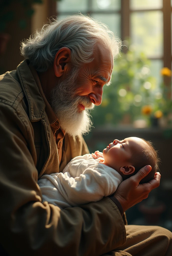 (64 mil, Foto RAW, melhor qualidade, obra-prima: 1.2), ultra-detalhado, arte formal, renderizado: 1.37, foto na parte superior do corpo, ( "Um homem de meia-idade ,Standing gray hair, Carefully holding a cute newborn baby, Both appear to be floating in the clouds in the sky. ))(They're both smiling happily, cercados por uma aura de tranquilidade e serenidade. The scenery is of a stunning place, cheio de paz e harmonia, conveying a feeling of love and connection between man and baby."),Beleza, ,sorrindo e ele sorri, pose IN FOOT and,Cheio de flor cor-s flor borboletas )and birds),detalhes,Rosas,flor),detalhes