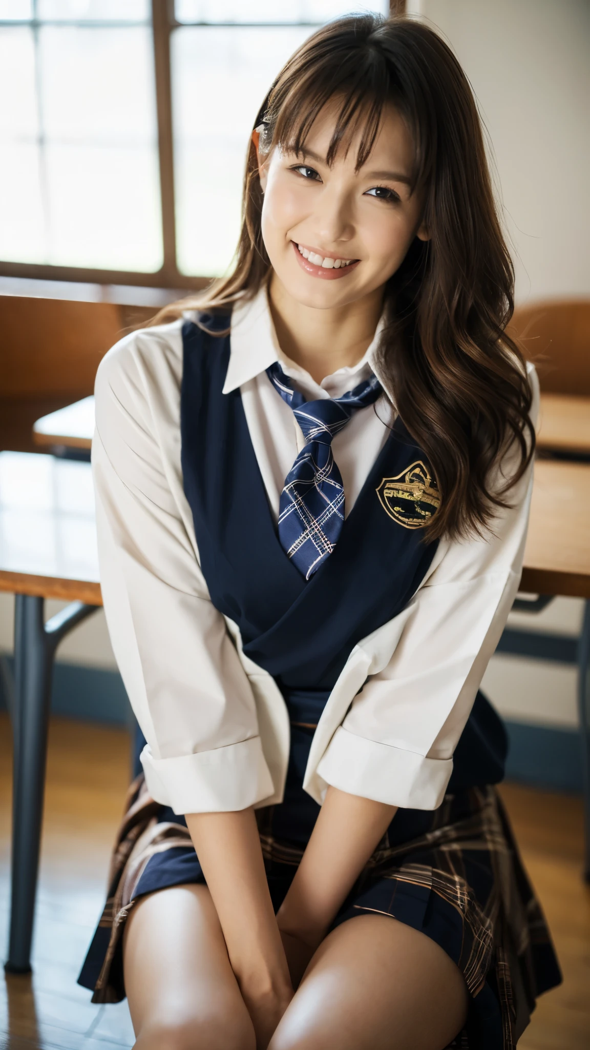 (Highest quality, 4K, 8k, High resolution, masterpiece, Genuine, Realistic, Realistic:1.3), (upper body), Girl sitting on the school desk in classroom, blue neckerchief Uniform, Dark Blown Blazer, blown plaid skirt, Gal Makeup, wearing white collared shirts, dark black pantyhose, ((wavy long brown hair)), Gold Bracelets, 18-year-old, bangs, grin,Thighs, knees, From below, pinching skirt:0.7, open legs:0.8,