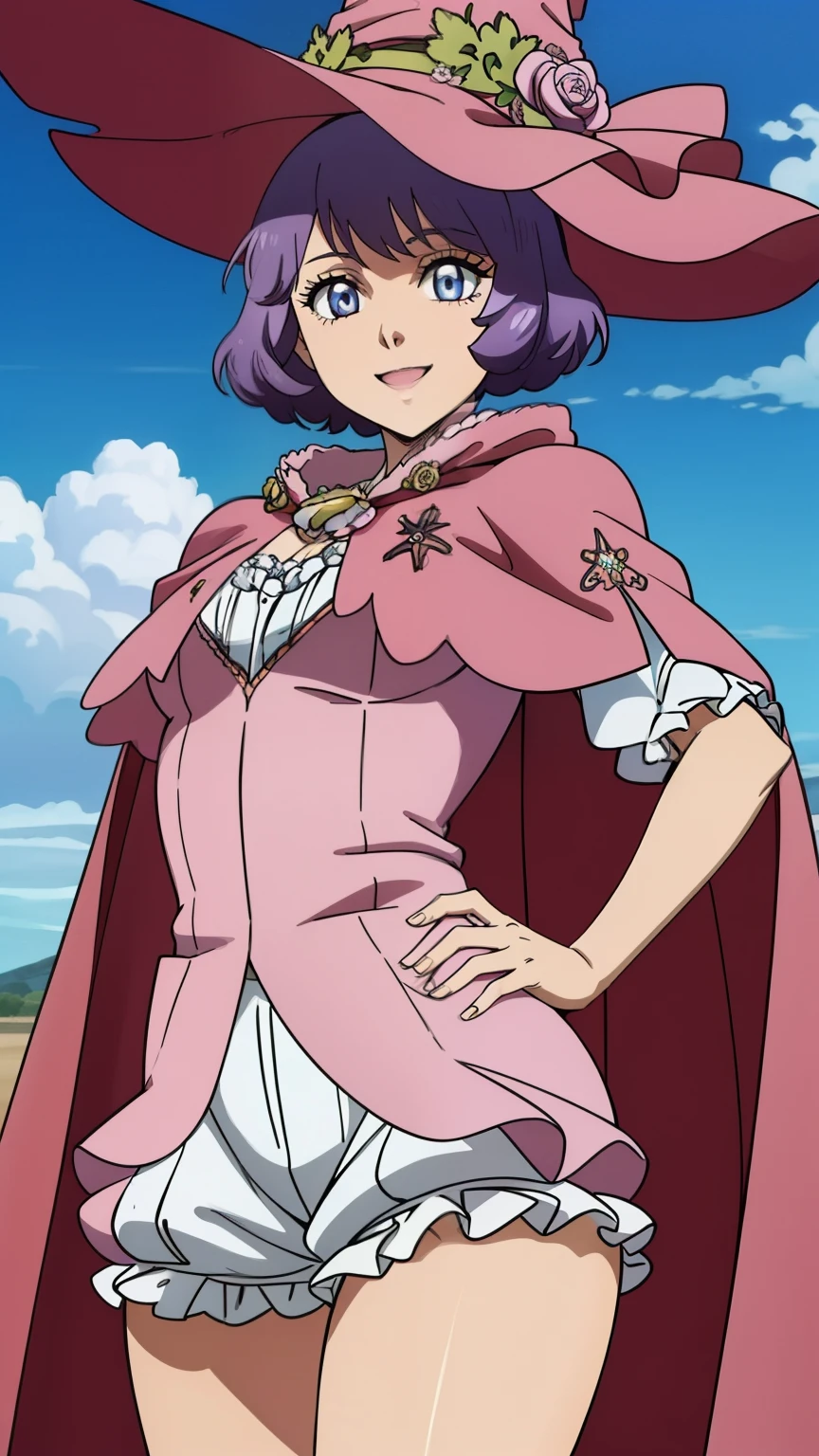 (Top quality, masterpiece, 8k), (Realistic skin texture), (anime coloring), Very detailed, very detailed, beautiful eyes, perfect eyes, detailed eyes, feature large highlight, perfect face, detailed face, ultra-detailed, detailed eyes, symmetrical eyes, (dynamic angle), sharp details, Dorothy, 1girl,  short hair, purple eyes, beautiful eyes, purple hair, (((short))),  (happy), (smile), solo, (small breast), (hat, flower,  cape,  witch hat,  bloomers,  pink cape, thighs), (cowboy shot:1.4), looking at the viewer, in the center of the image, sexy poses, dynamic angles,