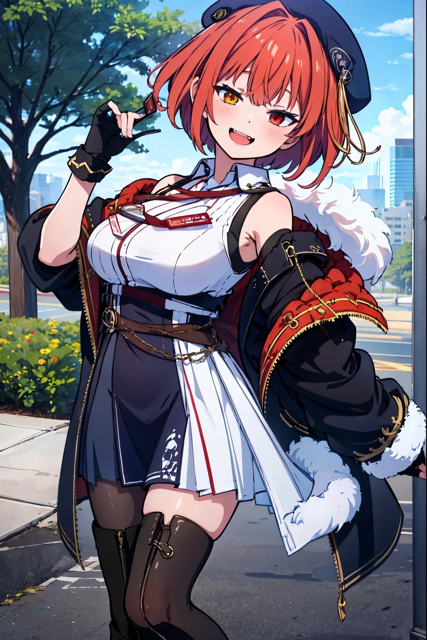 ((Masterpiece)), (Best Quality), marine_beret, Collared_White_Shirt, Sleeveless, High-waisted Skirt, Pantyhose, Blue Jacket, Fur Embellishment, Fingerless Gloves, 1_IDCard, Solo,marine_officer,, black pantyhose, black gloves, thigh boots, beret,houshou_marine,heterochromia, red eyes, orange eyes,open_mouth,big_smile,evil_smile,fang,large_breasts,,office_landscape,red_short_hair,(plump:0.7),open_mouth,tongue, slouch,pov ,kneeling with hands on ground,look_down_viewer,