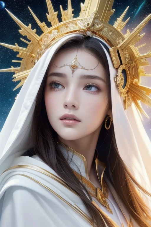 Abriel must be represented with noble features and an imposing presence. Your face should exude serenity and authority, with eyes that convey wisdom and compassion. Gabriel must have a calm expression, but firm, reflecting his role as divine messenger.
