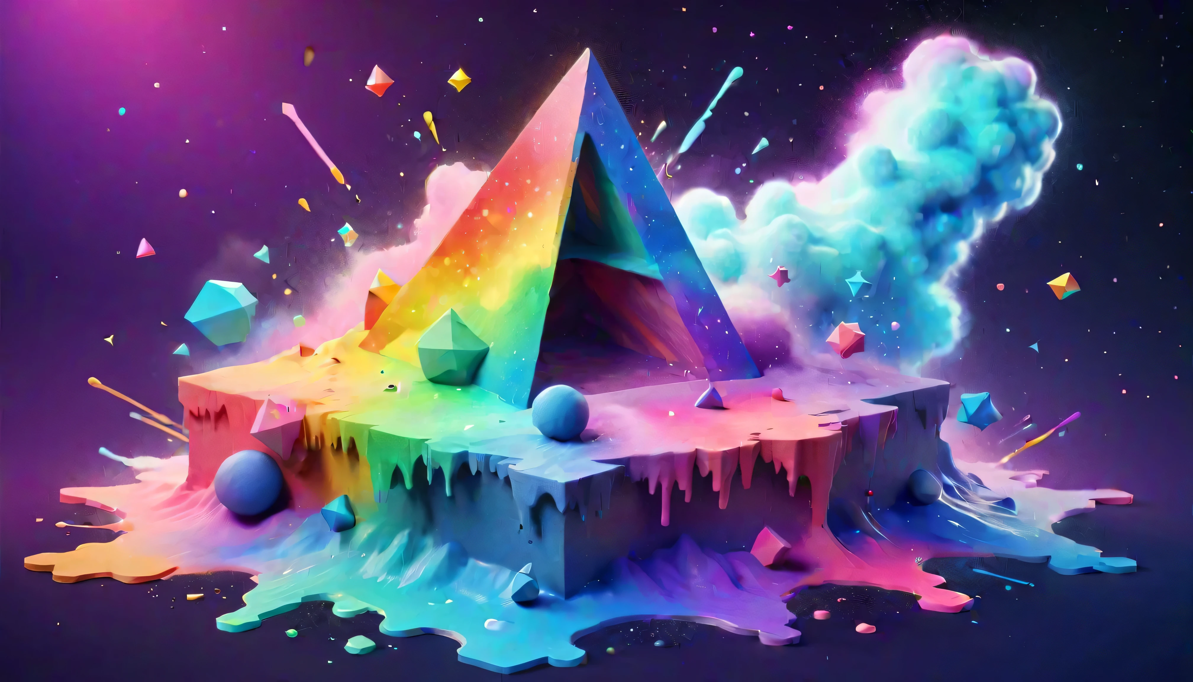 3d isometric, Blender Rendering, Soft colorful tones, YJ, Rainbow colored nebula made from watercolor splashes, Geometric stars, Colorful triangle of paint splashes, Paint Swirls, Paint drips, Paint Splash Duotone Lighting, Abstract geometric gradient, Geometric shapes, simple background