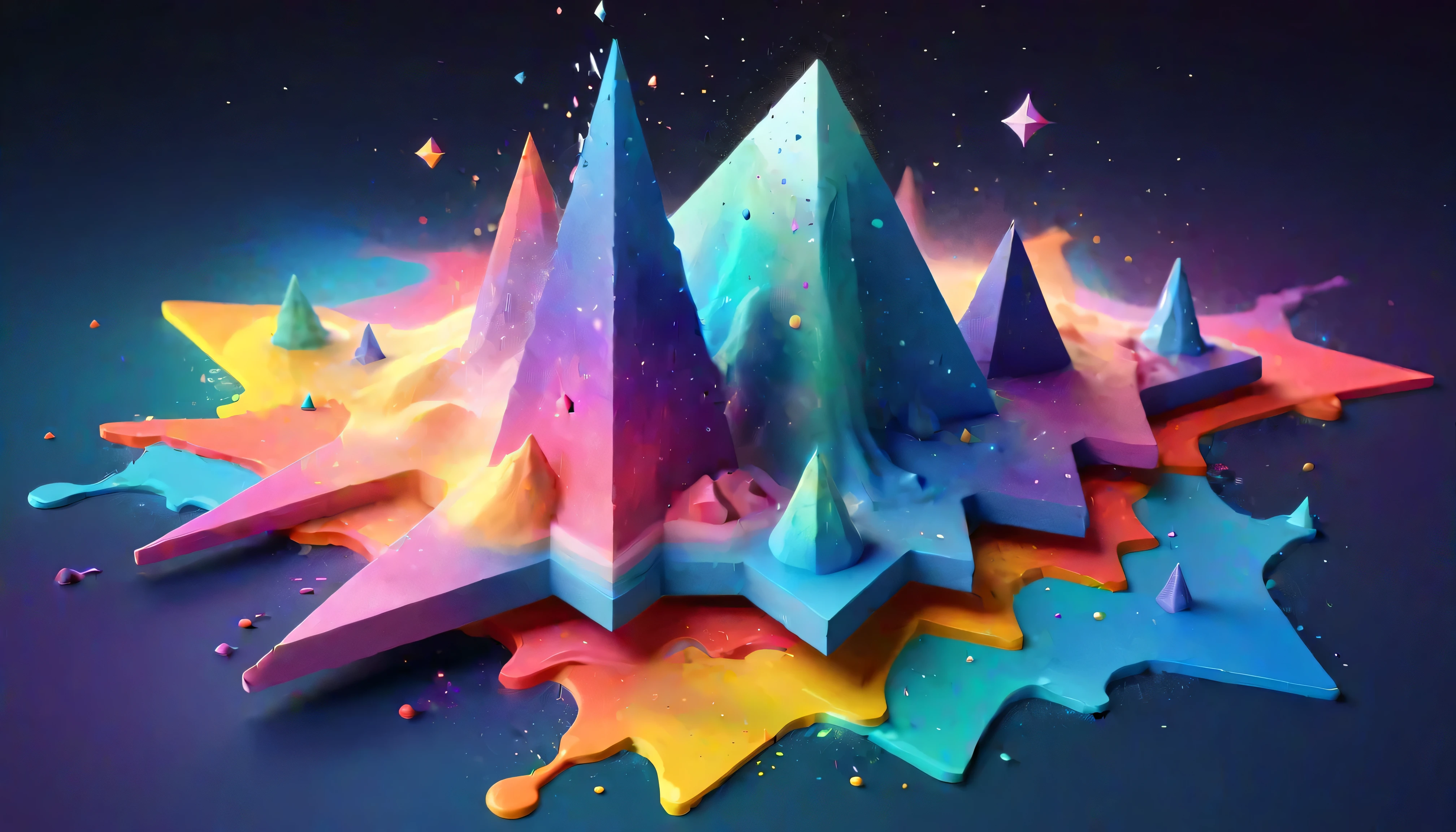 3d isometric, Blender Rendering, Soft colorful tones, YJ, Rainbow colored nebula made from watercolor splashes, Geometric stars, Colorful triangle of paint splashes, Paint Swirls, Paint drips, Paint Splash Duotone Lighting, Abstract geometric gradient, Geometric shapes, simple background