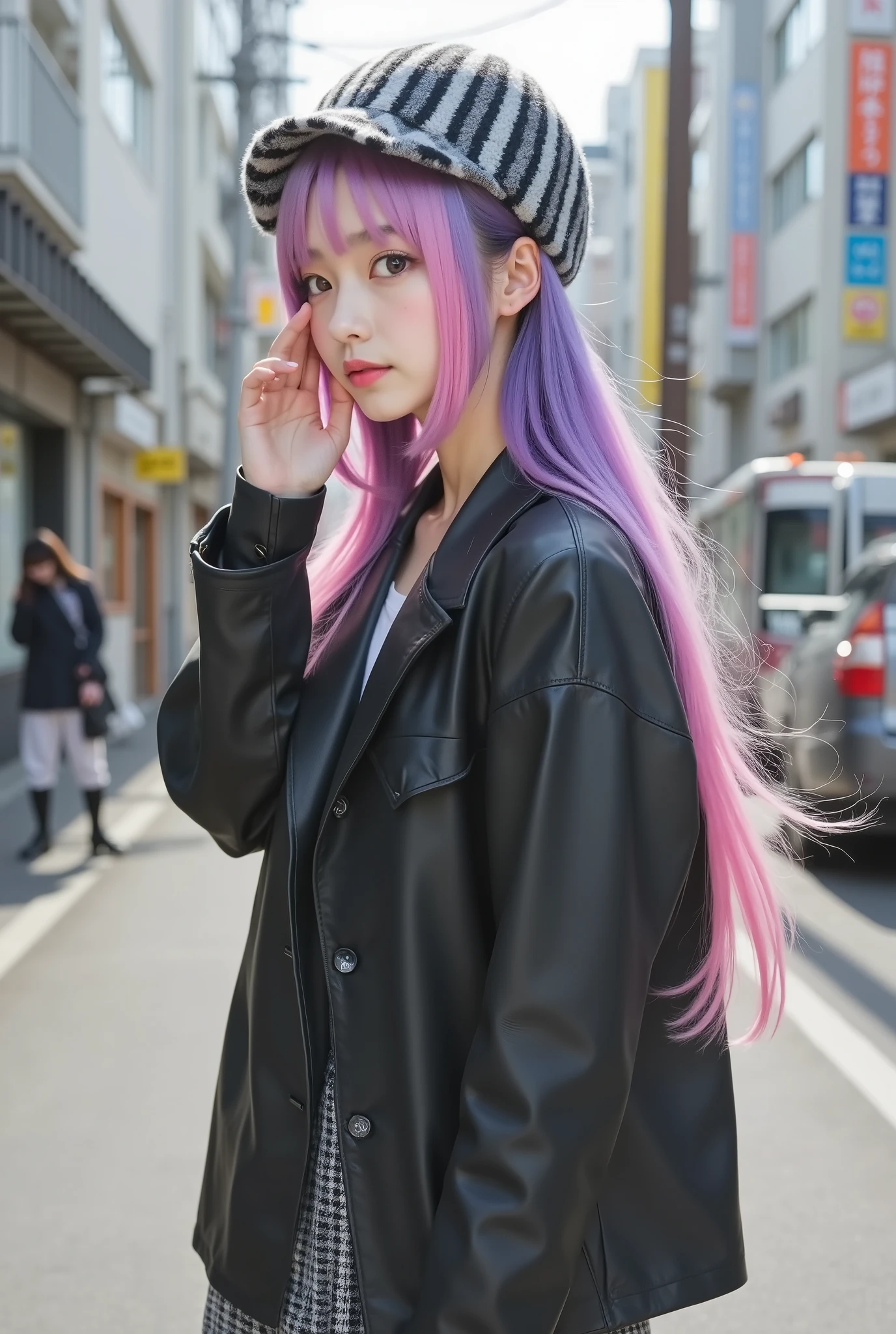 She is a visually striking Japanese gal,1girl\(hairstyle\((Smooth multi-colored delicate stright hair,blonde color and purple color with pink highlights), straight bangs cut evenly across the forehead,The ends of the hair have soft curls, and the texture is rendered with detailed, ultra-realistic precision\),covering face both hand,happy smile,Transparent white skin, She is wearing an oversized vintage-like faux leather blouson, a gray and black striped knitted hat with pom-poms at the ends of the left and right strings, pleated skirt pants with a monochrome check pattern, and her shoes have a classic feel. She wears modern black western boots and loose black socks\),her posing on the sidewalk of a busy street in Japan,((Please draw her from the side)),feel a bewitching and sexy atmosphere from her,photorealistic,portrait,