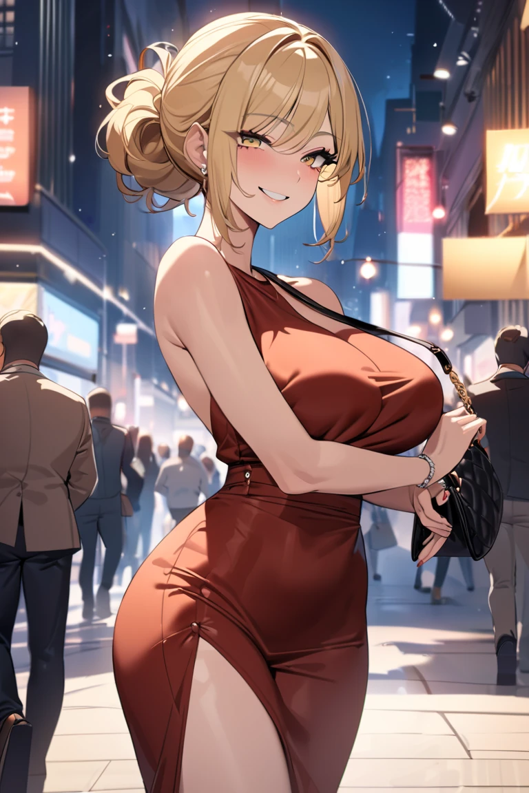 top quality, masterpiece,  high resolution, 8k,  anatomically correct human body , The right move,  beautiful hands , 1 Girl, Alone, (((cowboy shot))), mature woman, black hanging eye, ((( wear blonde hair up ))), (((Busty Wife))), (((smile))), (Walking the city at night), milf,  ((( casual sexy dress))), (luxury handbag ),  Audience 