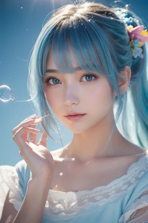 (Masterpiece), ( best quality ), ( ULTRA DETAILS),(Dish-shaped hair),( illustration), ( 1 girl), ( Highly fashionable clothes ), standing, fashion model, Audience , (Interview), (simple background), A beautiful eye in every detail , Delicate beauty, floating, (High saturation), ( colorful scattering), colorful bubbles, (Shine), face during the POV , ponytail, Ayaka Kamisato, light blue hair on sparkling snow, bangs, scran cheese, Floating Flower, flowing hair , (Sparkling), Best Lighting , Best Shadow, perfect hand