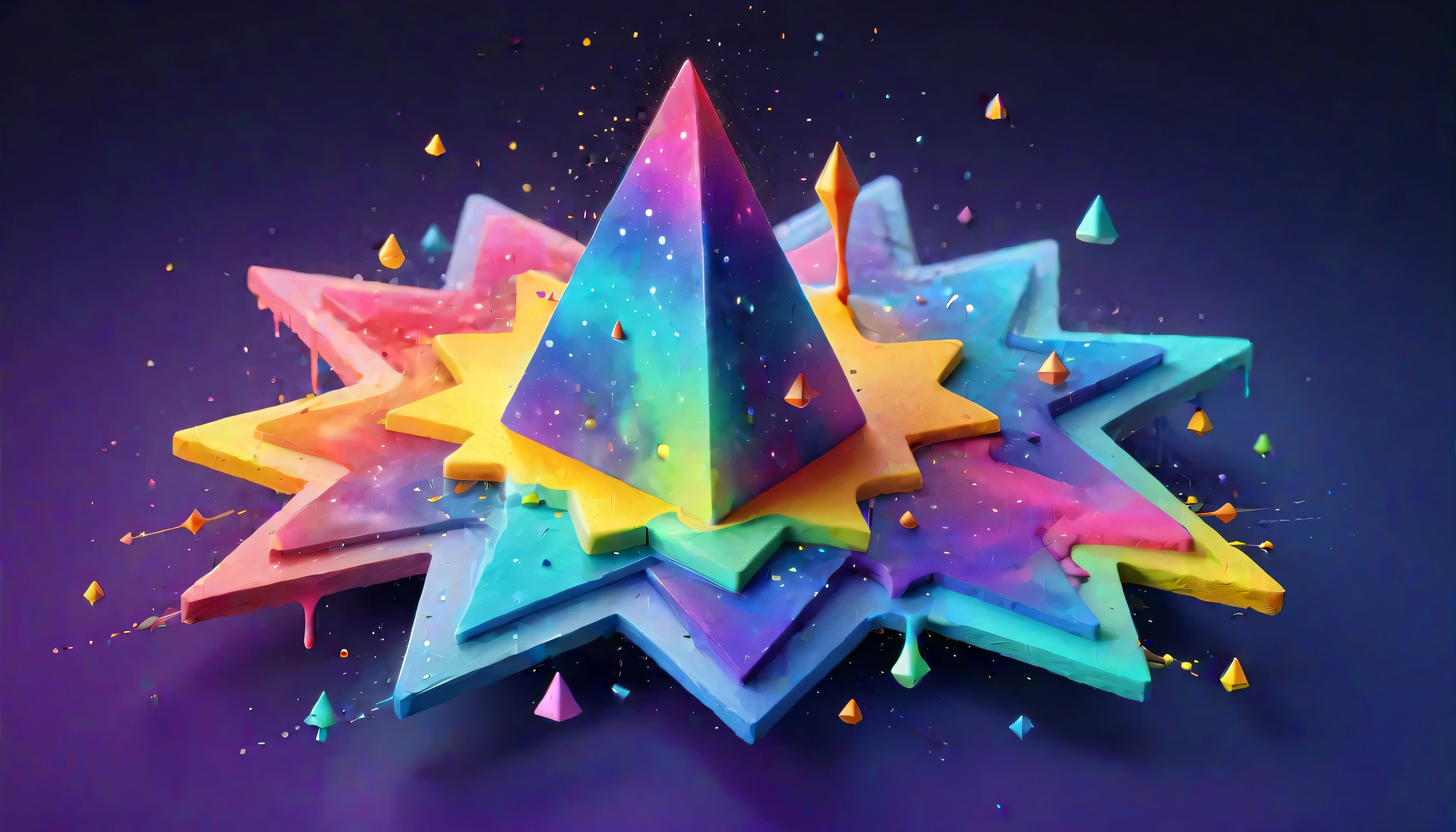 3d isometric, Blender Rendering, Soft colorful tones, YJ, Rainbow colored nebula made from watercolor splashes,  Geometric stars, Colorful triangle of paint splashes, Paint Swirls, Paint drips, Paint Splash Duotone Lighting, Abstract geometric gradient, Geometric shapes,  simple background