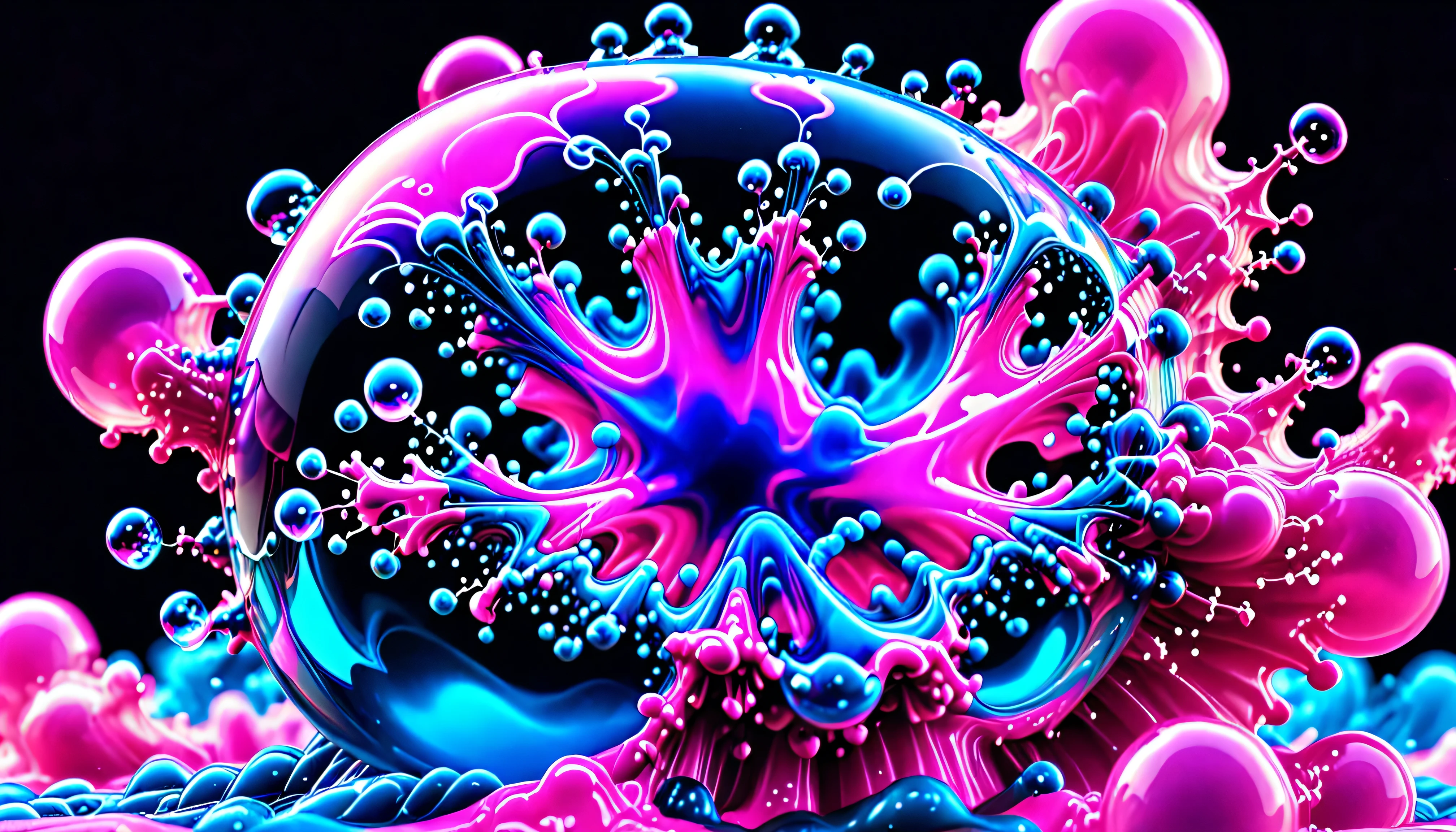 Bullet Time Effect, #Disassemble 3d , Slow Motion, from vibrant fluorescent blue to fluorescent pink # fractal liquid cloud edge is only a line spherical internal soap bubble bursting explosion depth, major, ink in water , visual effects , Center, Soft Lightning , 8K, extremely detailed,