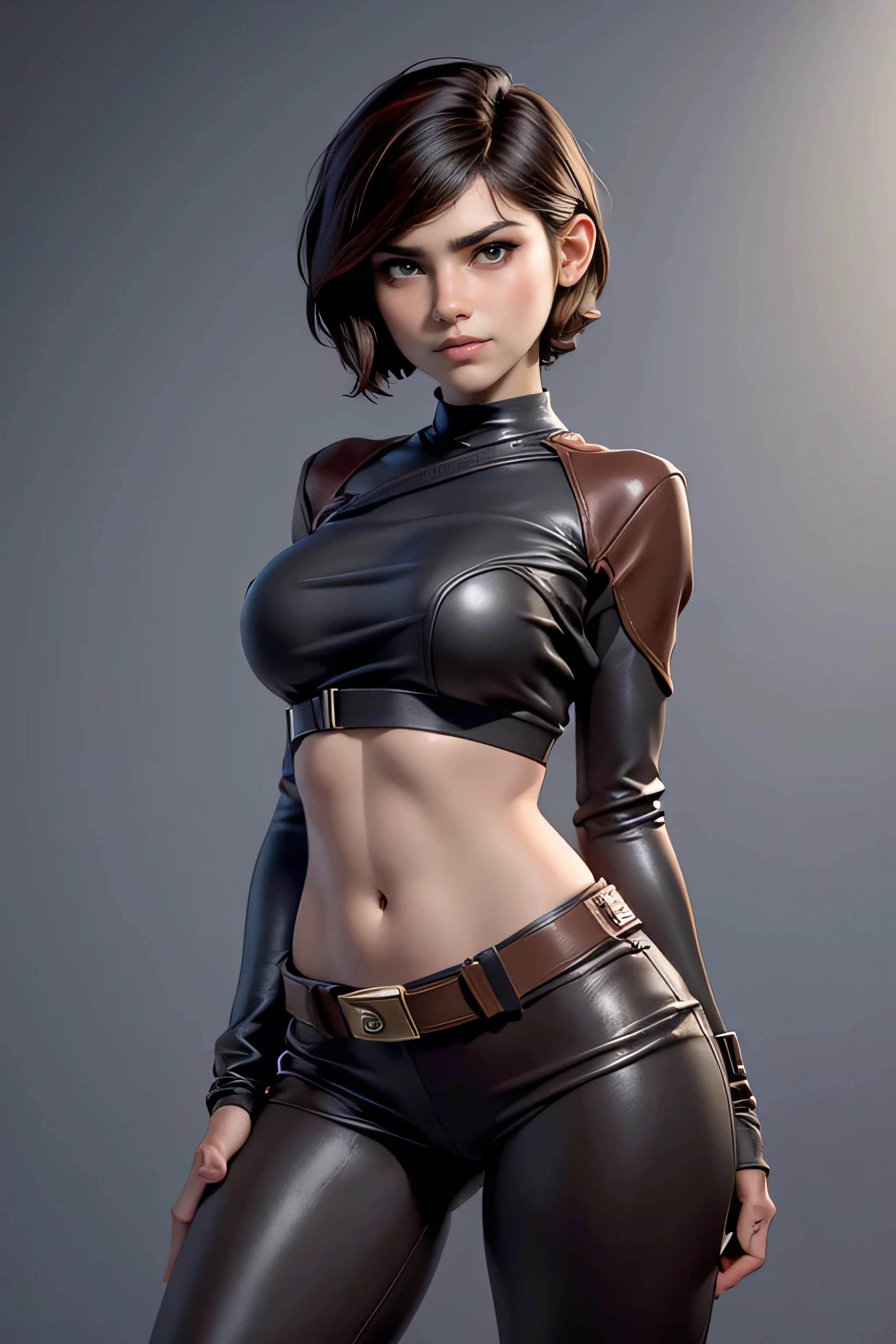 Star Wars , short hair , brown eyes, confident, decided, firm stance, confident expression, female smuggler wears tight brown leather leggings with belt, masterpiece , super detail, lyrics, composition epic character, natural lighting , sharp focus, ultra resolution , plain white background , without patterns, No textures.